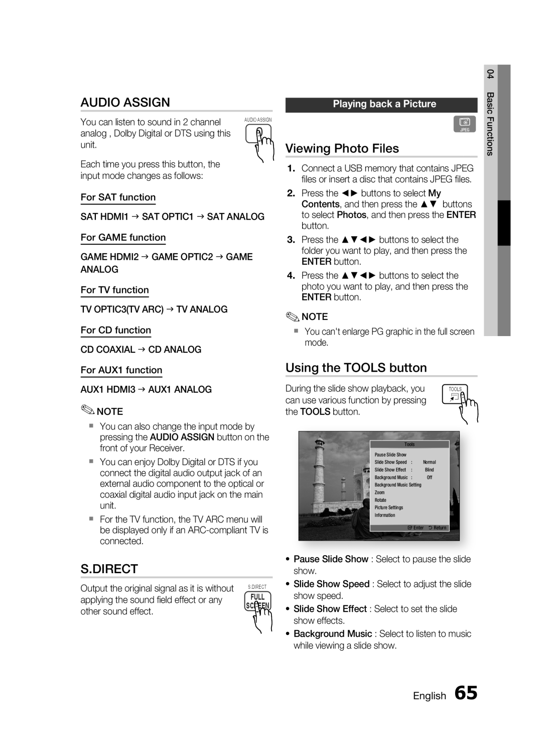 Samsung HW-D7000 user manual Audio Assign, S.Direct, Viewing Photo Files, Using the TOOLS button, Playing back a Picture 