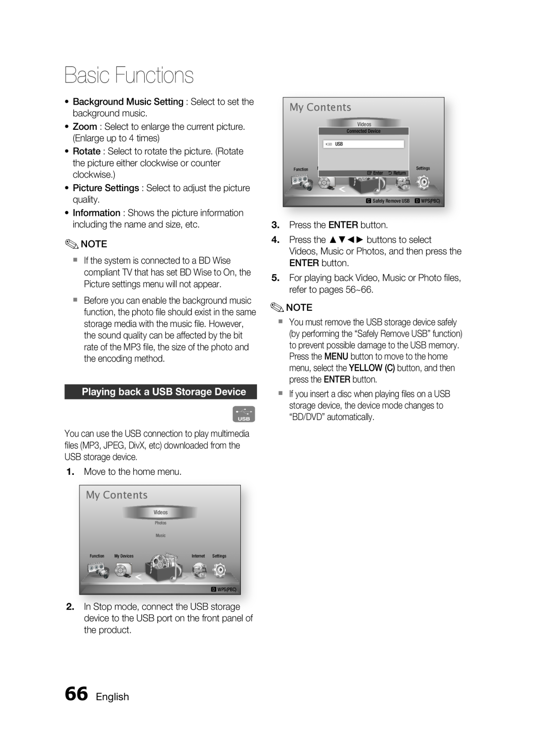 Samsung HW-D7000 user manual Playing back a USB Storage Device, Basic Functions, My Contents 