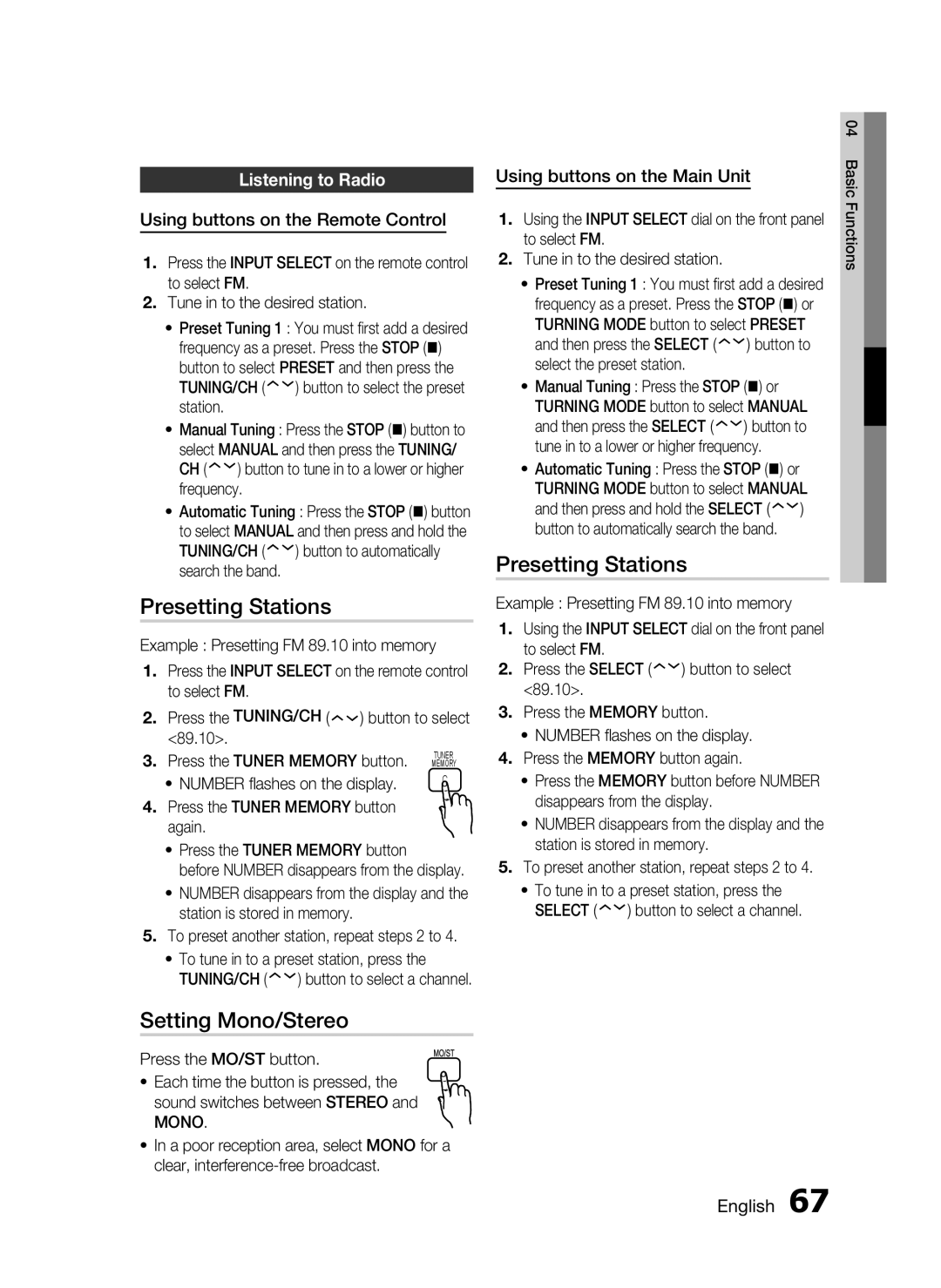 Samsung HW-D7000 user manual Presetting Stations, Setting Mono/Stereo, Listening to Radio 