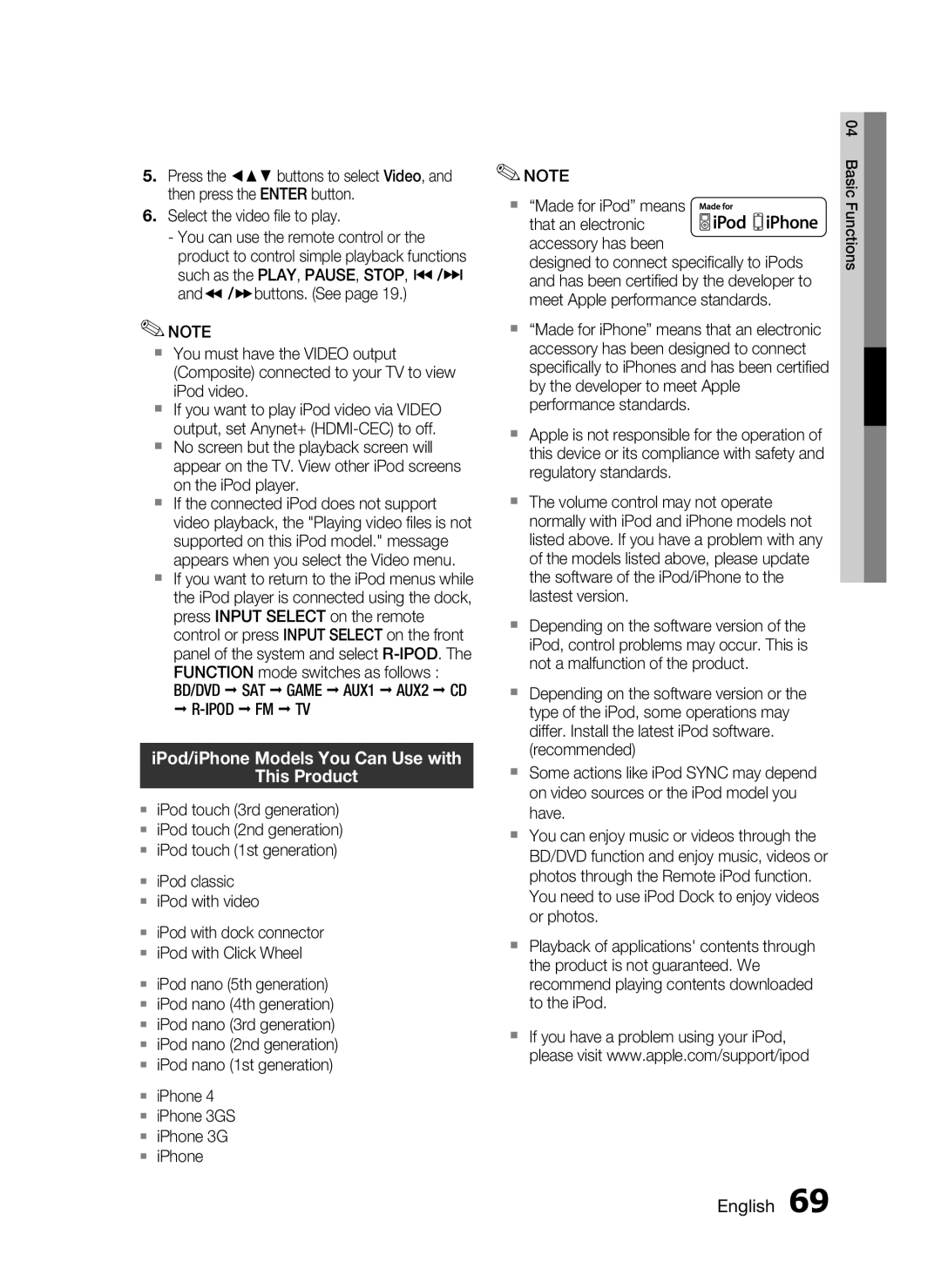 Samsung HW-D7000 user manual iPod/iPhone Models You Can Use with This Product 