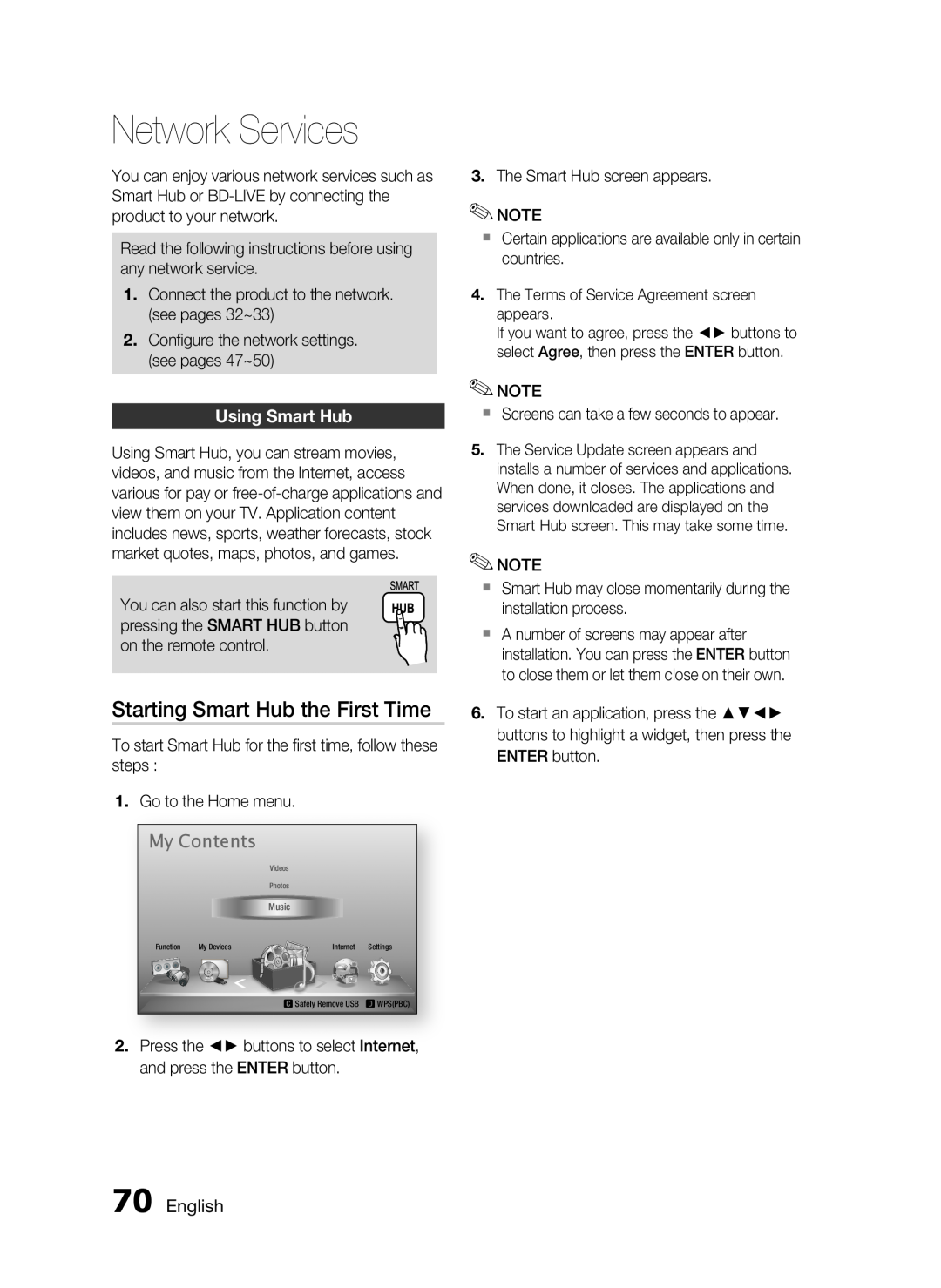 Samsung HW-D7000 user manual Network Services, Starting Smart Hub the First Time, Using Smart Hub, My Contents 