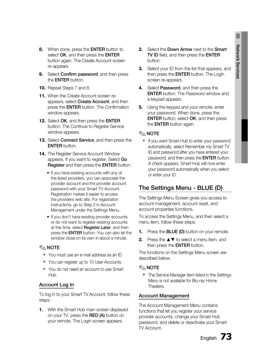 Samsung HW-D7000 user manual The Settings Menu - BLUE D, Account Log In, Account Management, English 