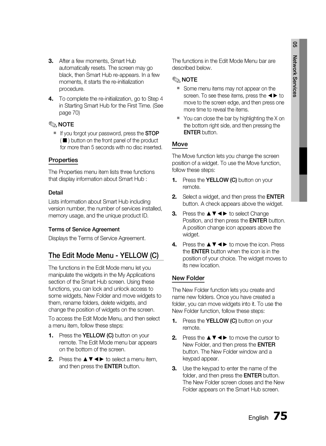 Samsung HW-D7000 user manual The Edit Mode Menu - YELLOW C, Properties, Move, New Folder, English 
