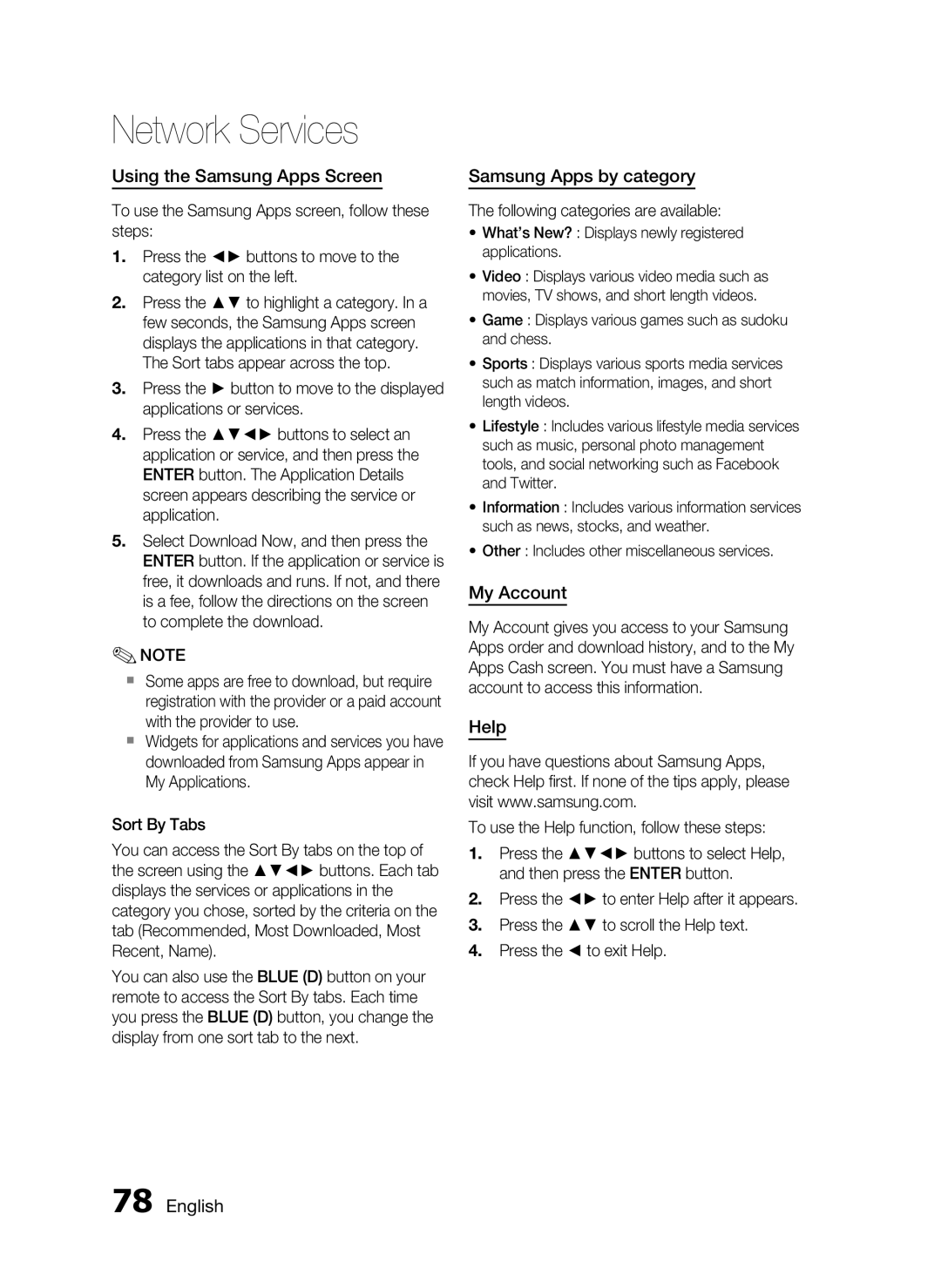 Samsung HW-D7000 Network Services, Using the Samsung Apps Screen, Samsung Apps by category, My Account, Help, English 