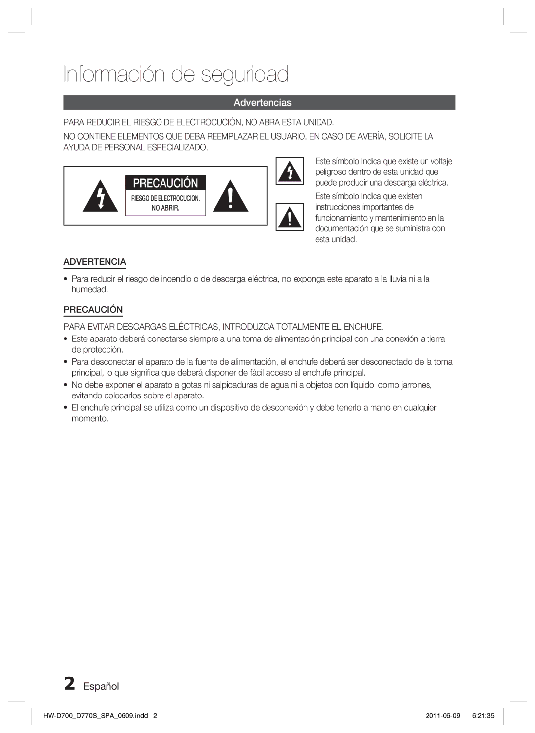 Samsung HW-D700/EN manual Información de seguridad, Advertencias 