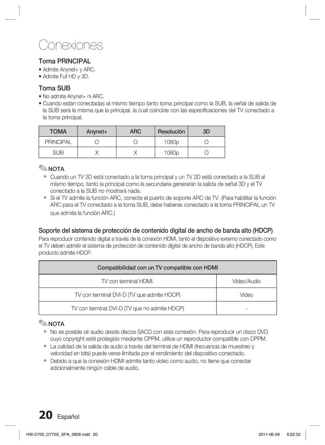 Samsung HW-D700/EN manual Toma Principal, Toma SUB, Arc, Sub 