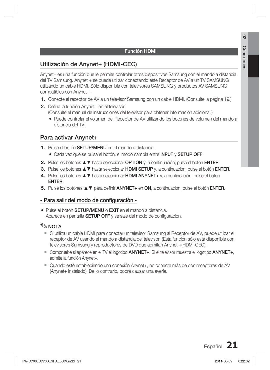 Samsung HW-D700/EN manual Utilización de Anynet+ HDMI-CEC, Para activar Anynet+, Para salir del modo de conﬁguración, Enter 