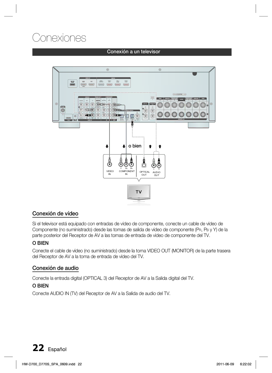 Samsung HW-D700/EN manual Conexión de vídeo, Conexión de audio, Conexión a un televisor 