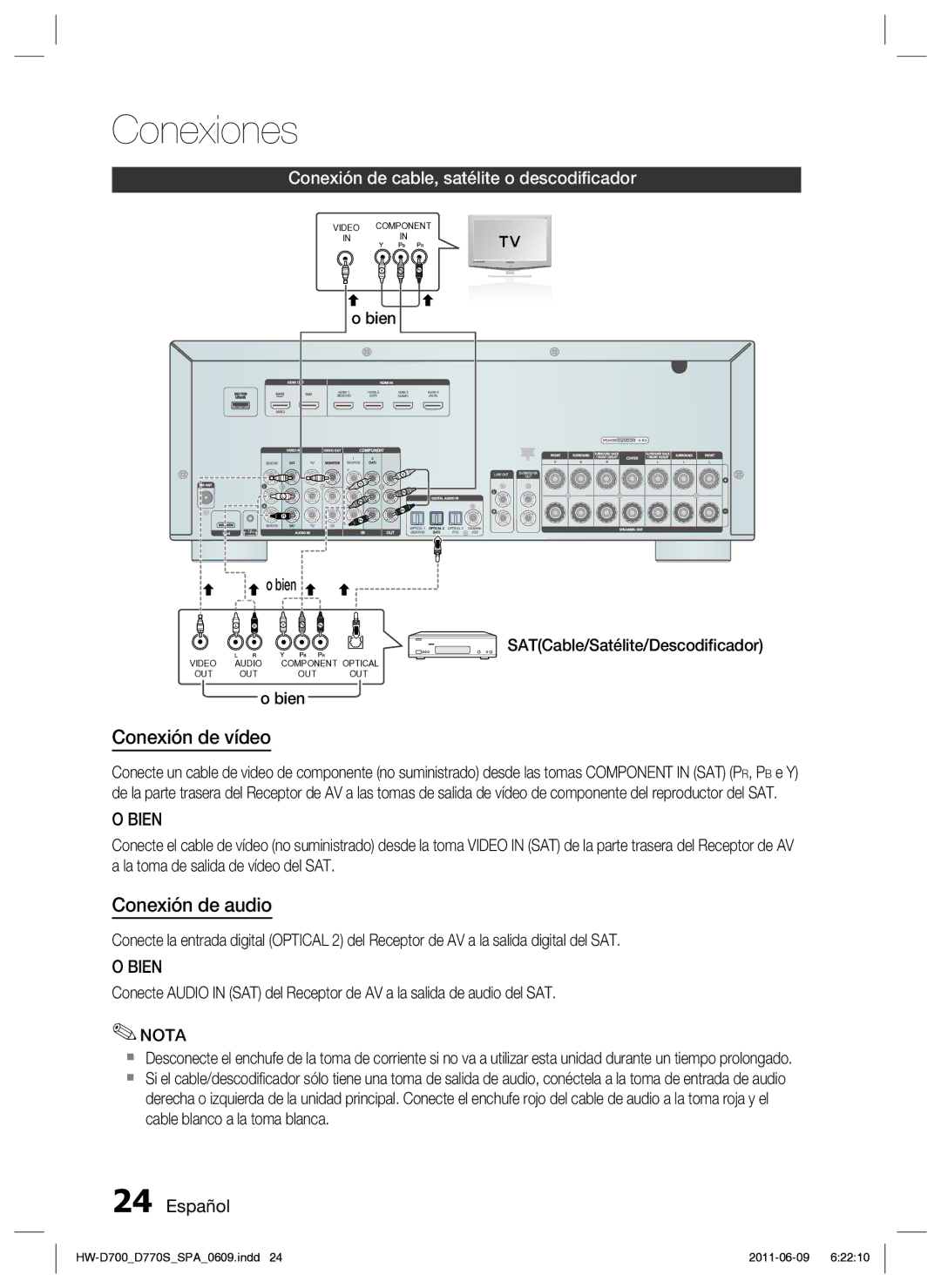 Samsung HW-D700/EN manual Conexión de cable, satélite o descodiﬁcador, SATCable/Satélite/Descodiﬁcador 