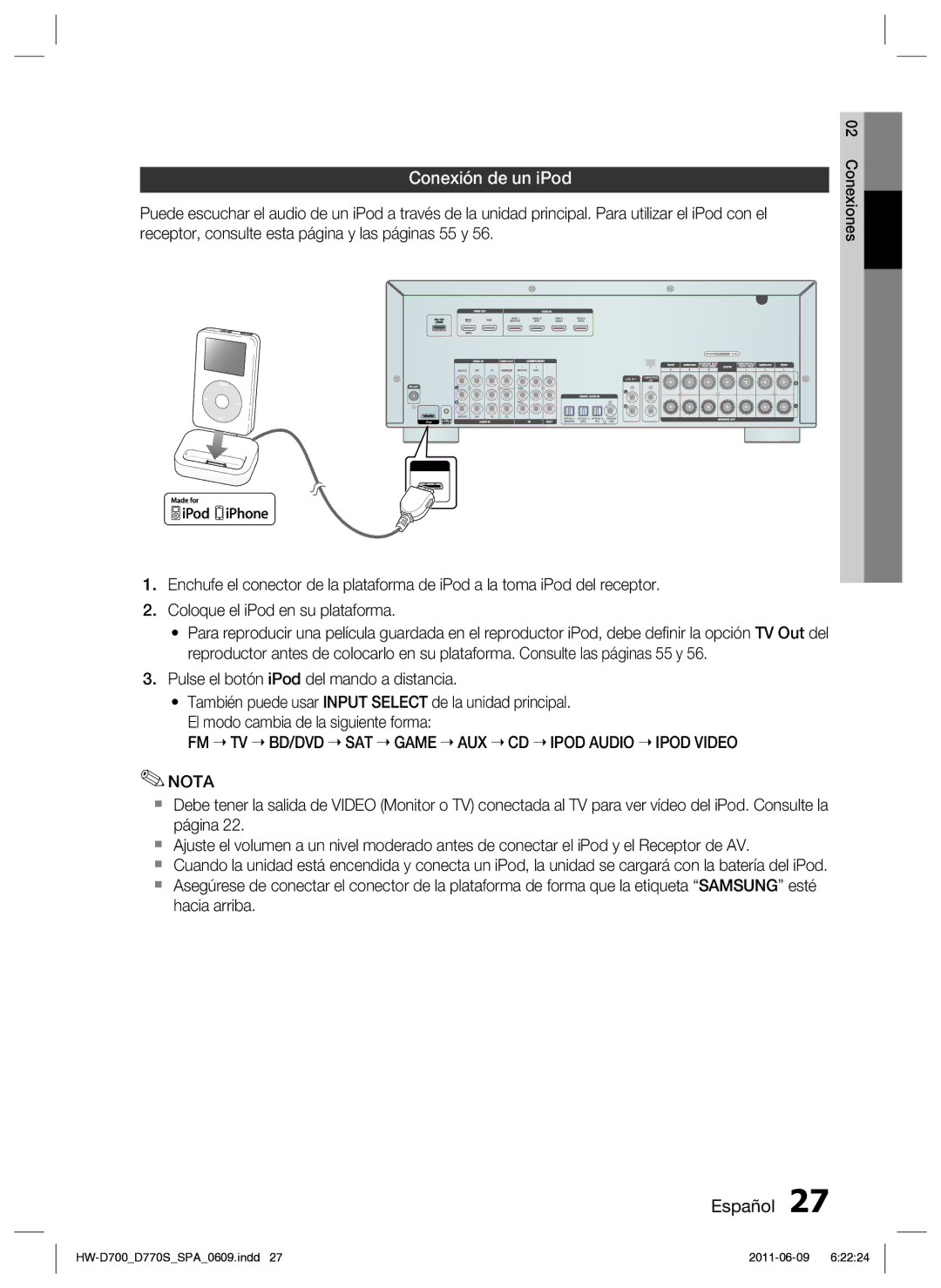 Samsung HW-D700/EN manual Conexión de un iPod, FM TV BD/DVD SAT Game AUX CD Ipod Audio Ipod Video Nota 