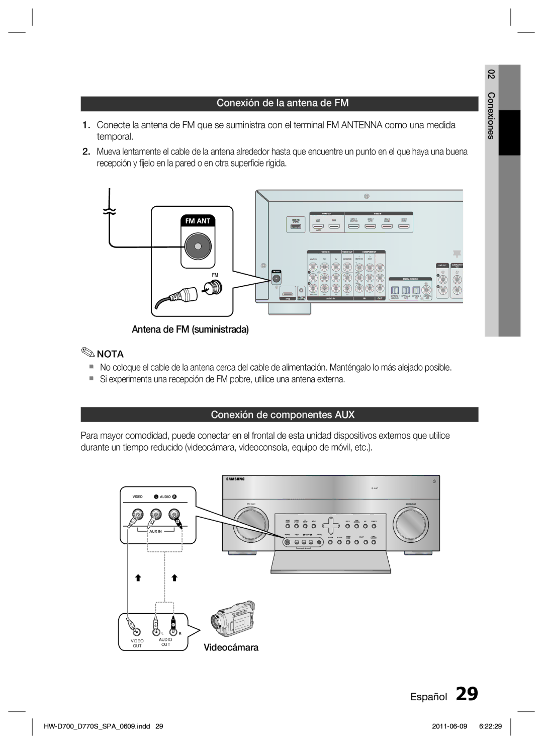 Samsung HW-D700/EN manual Conexión de la antena de FM, Conexión de componentes AUX 