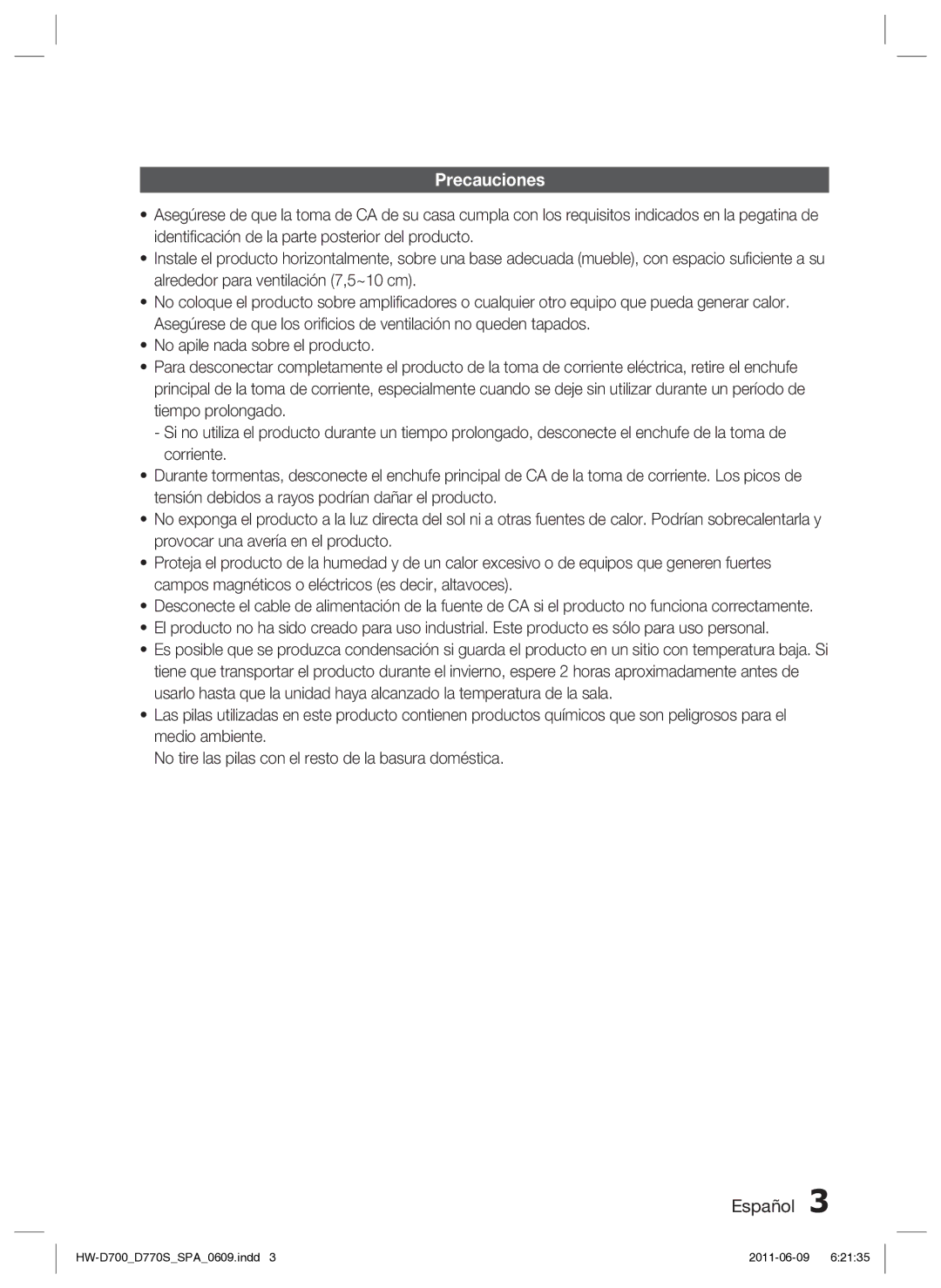 Samsung HW-D700/EN manual Precauciones 