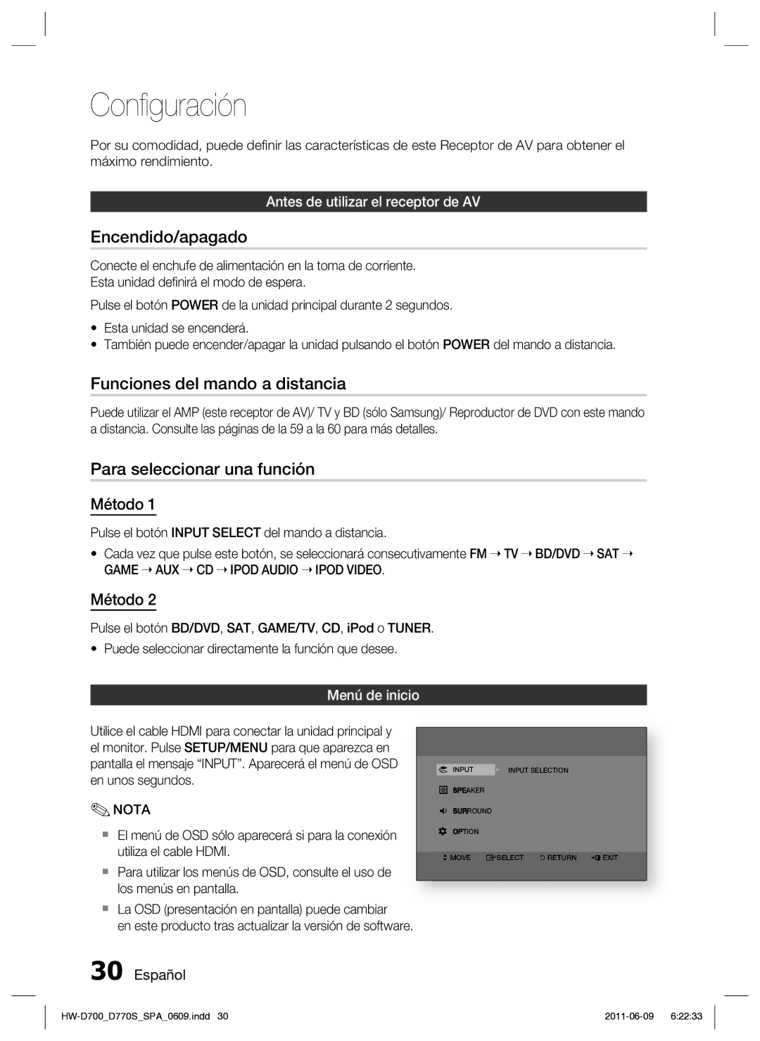 Samsung HW-D700/EN Conﬁguración, Encendido/apagado, Funciones del mando a distancia, Para seleccionar una función, Método 