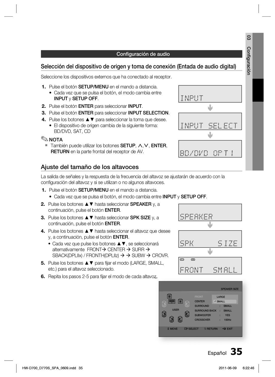 Samsung HW-D700/EN manual Ajuste del tamaño de los altavoces, Conﬁguración de audio, BD/DVD, SAT, CD Nota 