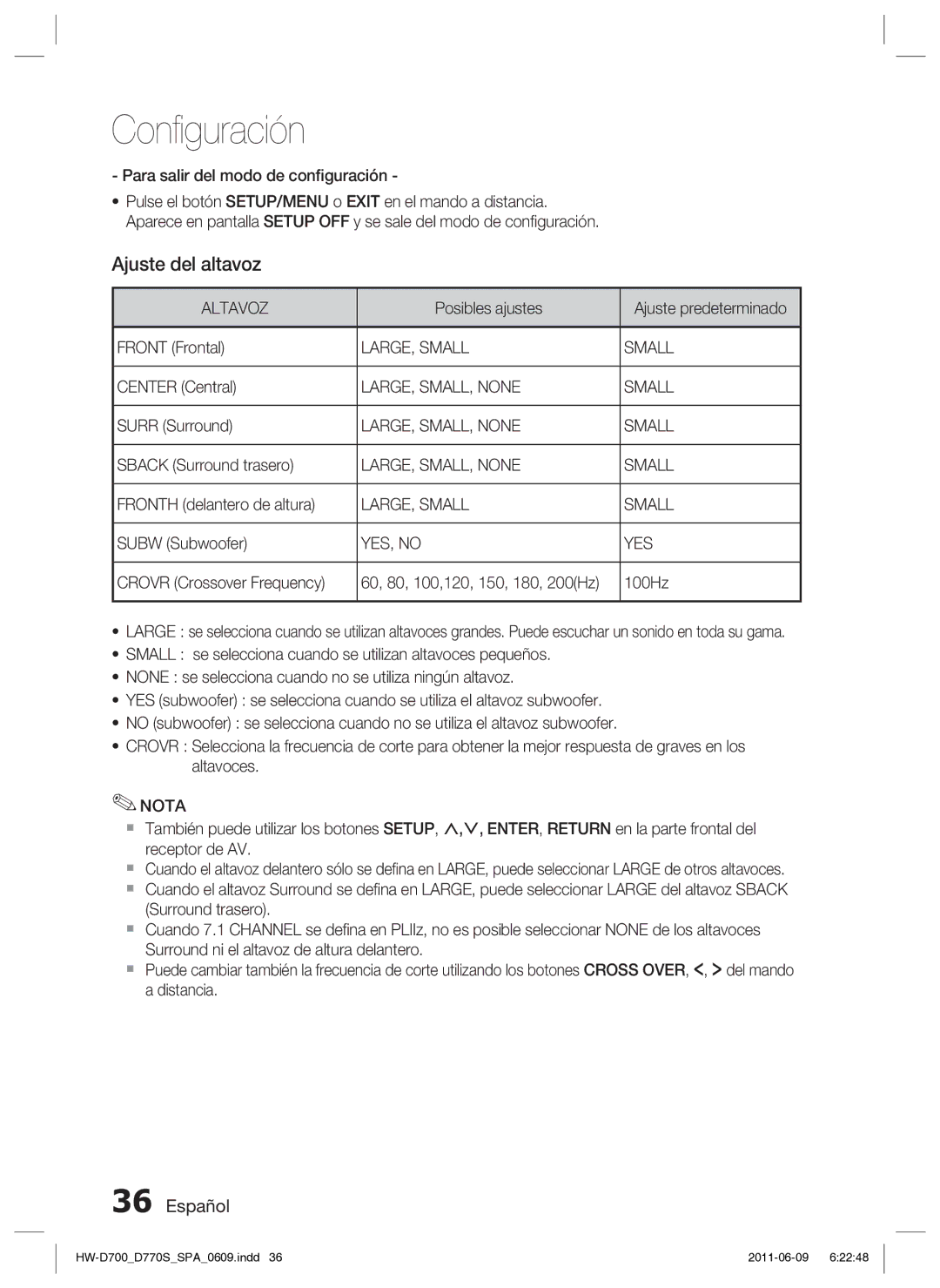 Samsung HW-D700/EN manual Ajuste del altavoz, Altavoz, LARGE, Small, LARGE, SMALL, None Small, YES, no 