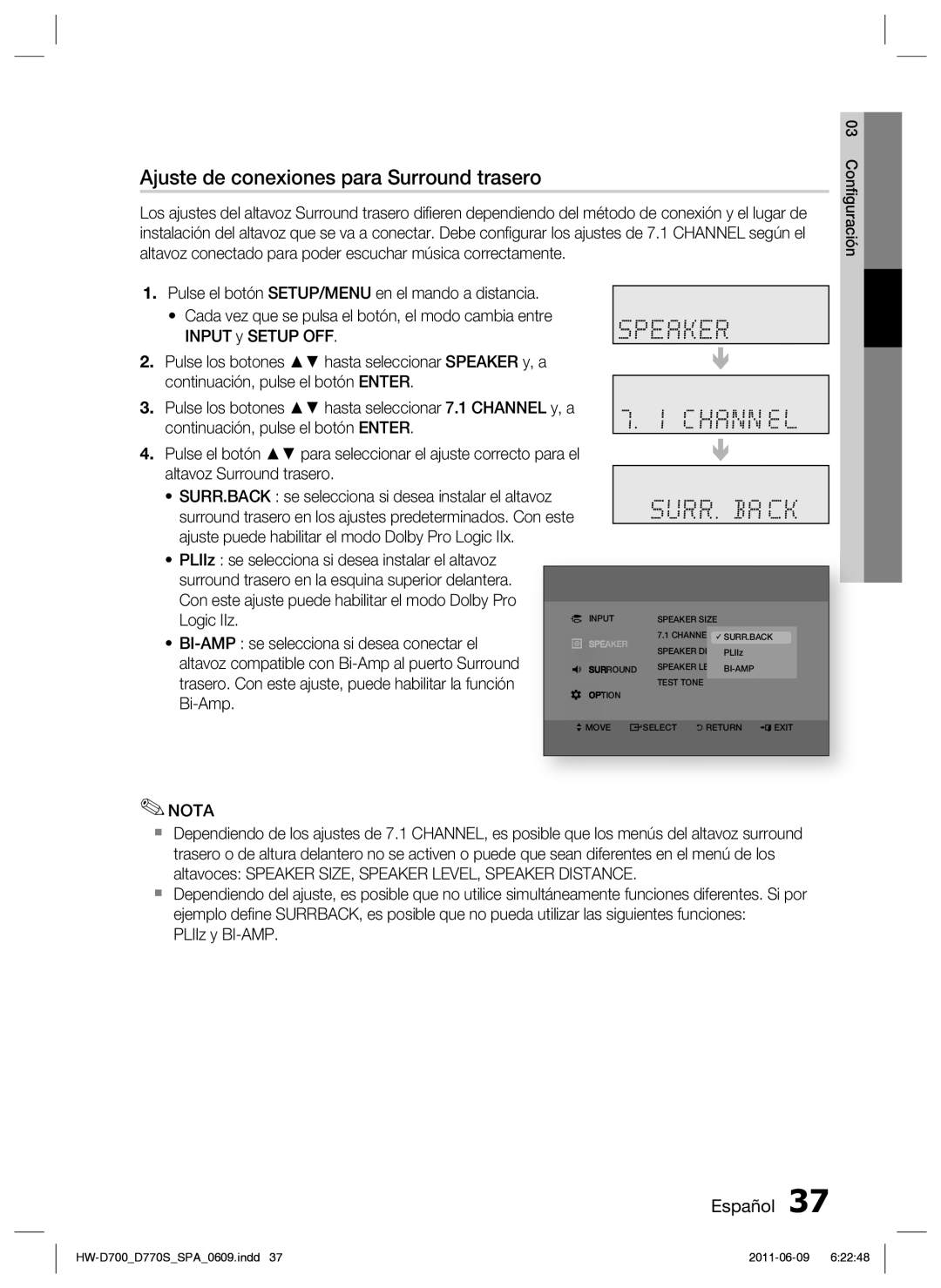 Samsung HW-D700/EN manual Ajuste de conexiones para Surround trasero 