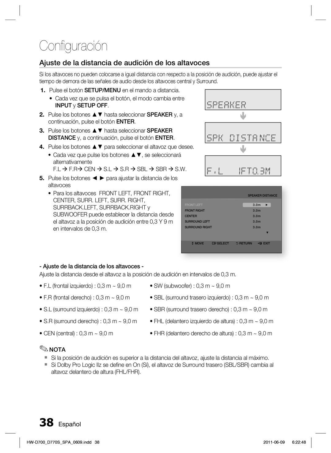 Samsung HW-D700/EN manual Ajuste de la distancia de audición de los altavoces 