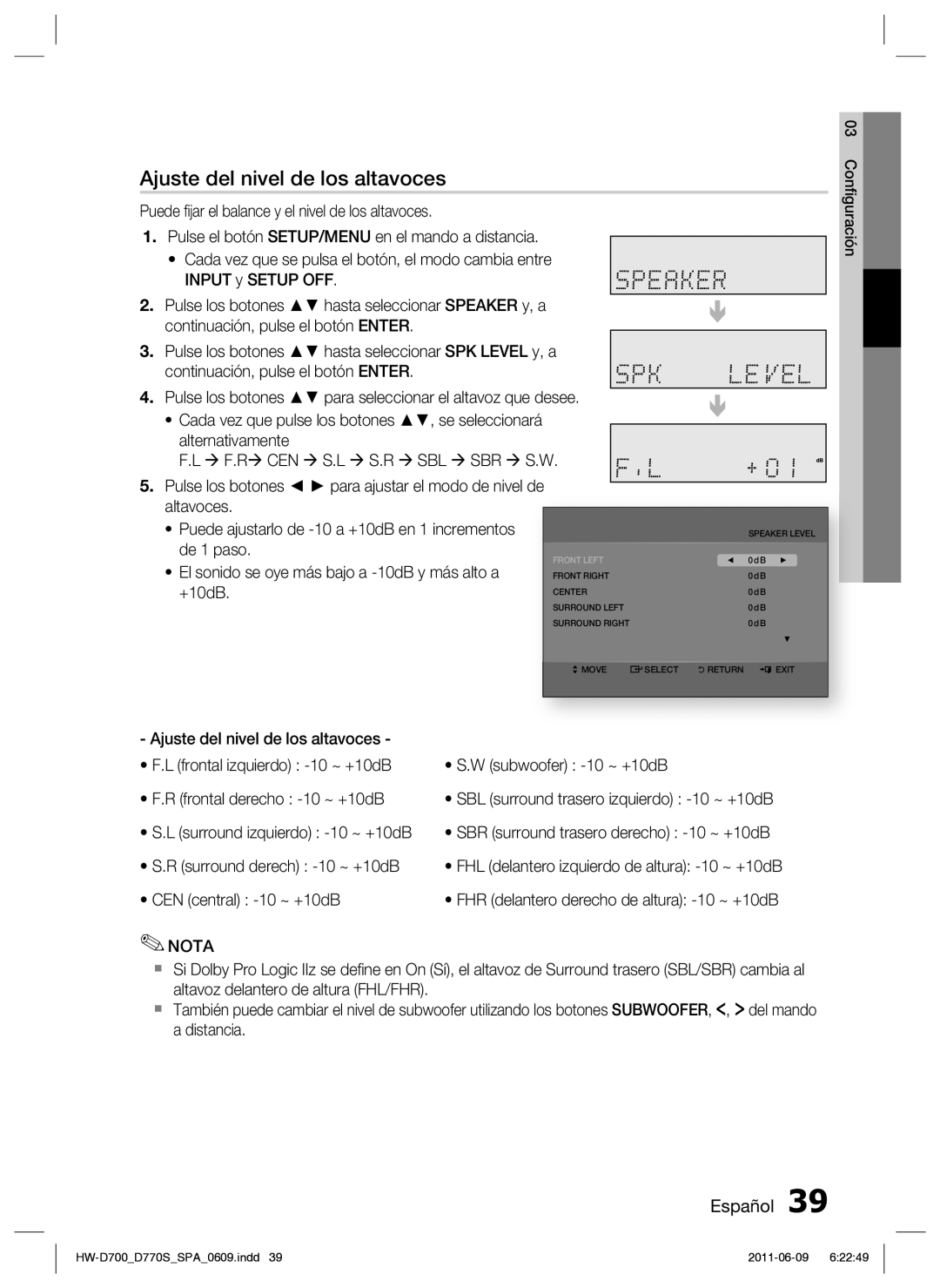 Samsung HW-D700/EN manual Ajuste del nivel de los altavoces 