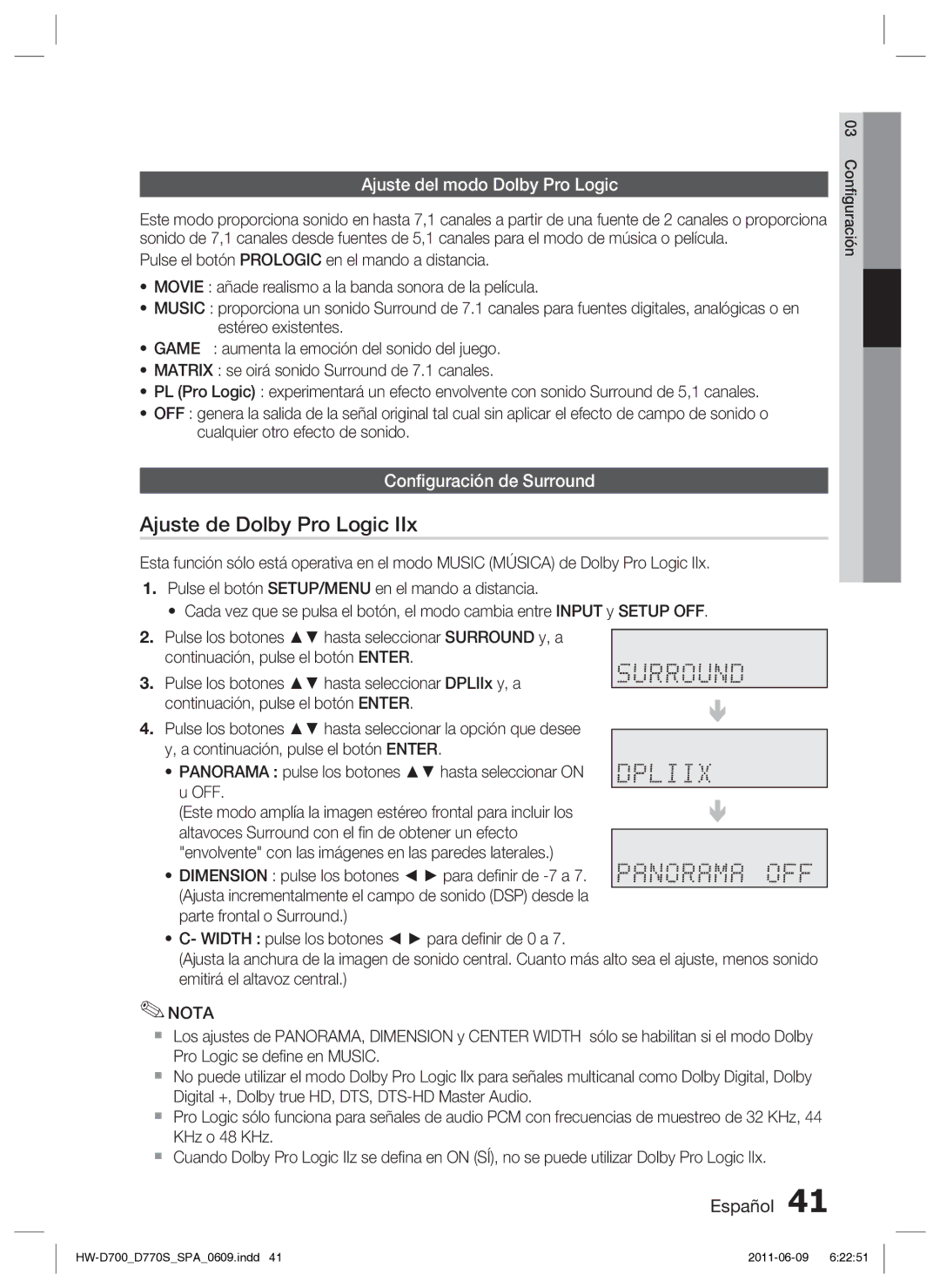 Samsung HW-D700/EN manual Ajuste de Dolby Pro Logic, Ajuste del modo Dolby Pro Logic, Conﬁguración de Surround 