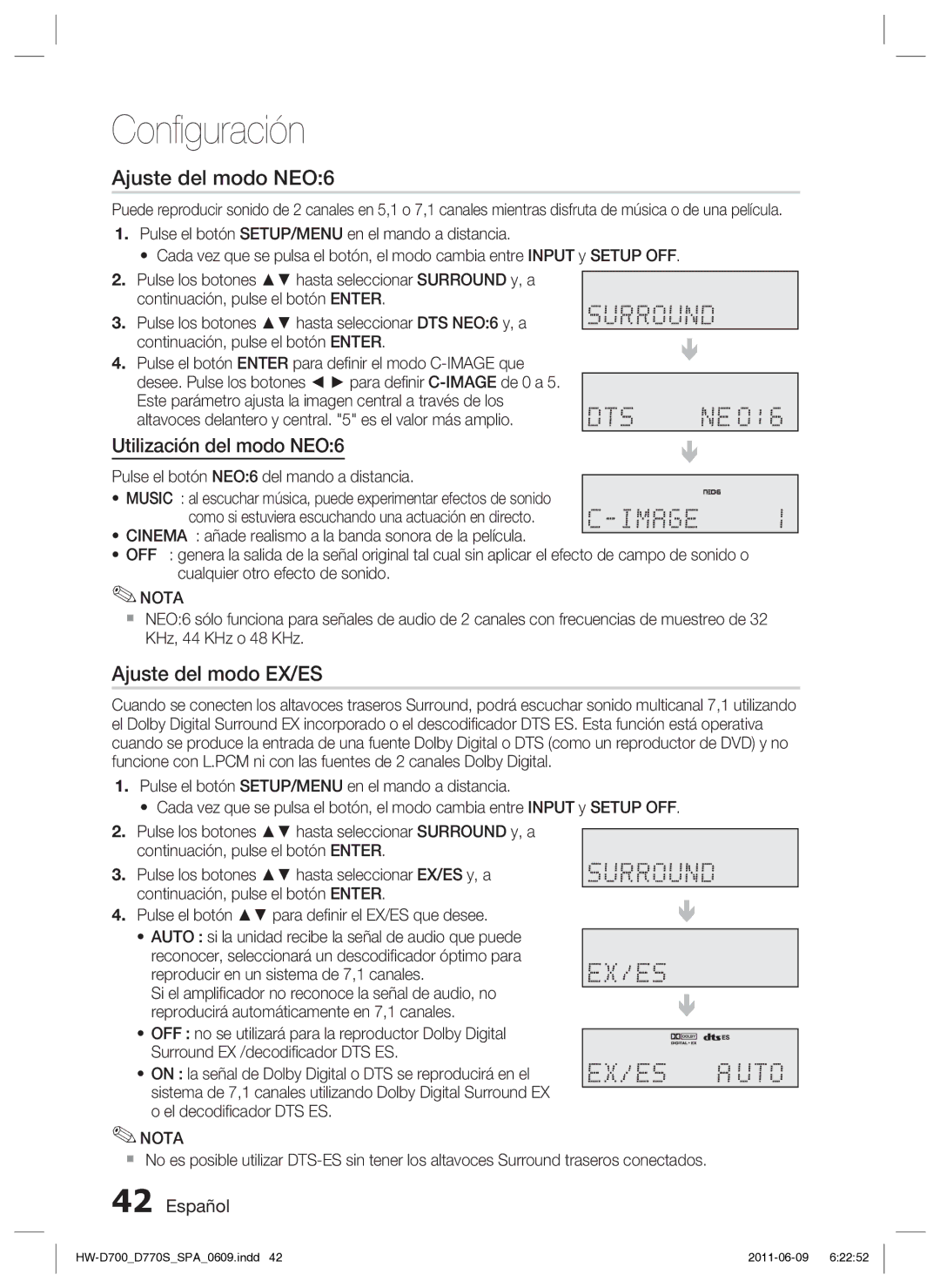 Samsung HW-D700/EN manual Ajuste del modo NEO6, Ajuste del modo EX/ES, Utilización del modo NEO6 