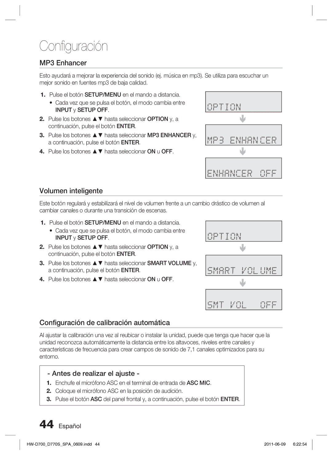 Samsung HW-D700/EN MP3 Enhancer, Volumen inteligente, Conﬁguración de calibración automática, Antes de realizar el ajuste 