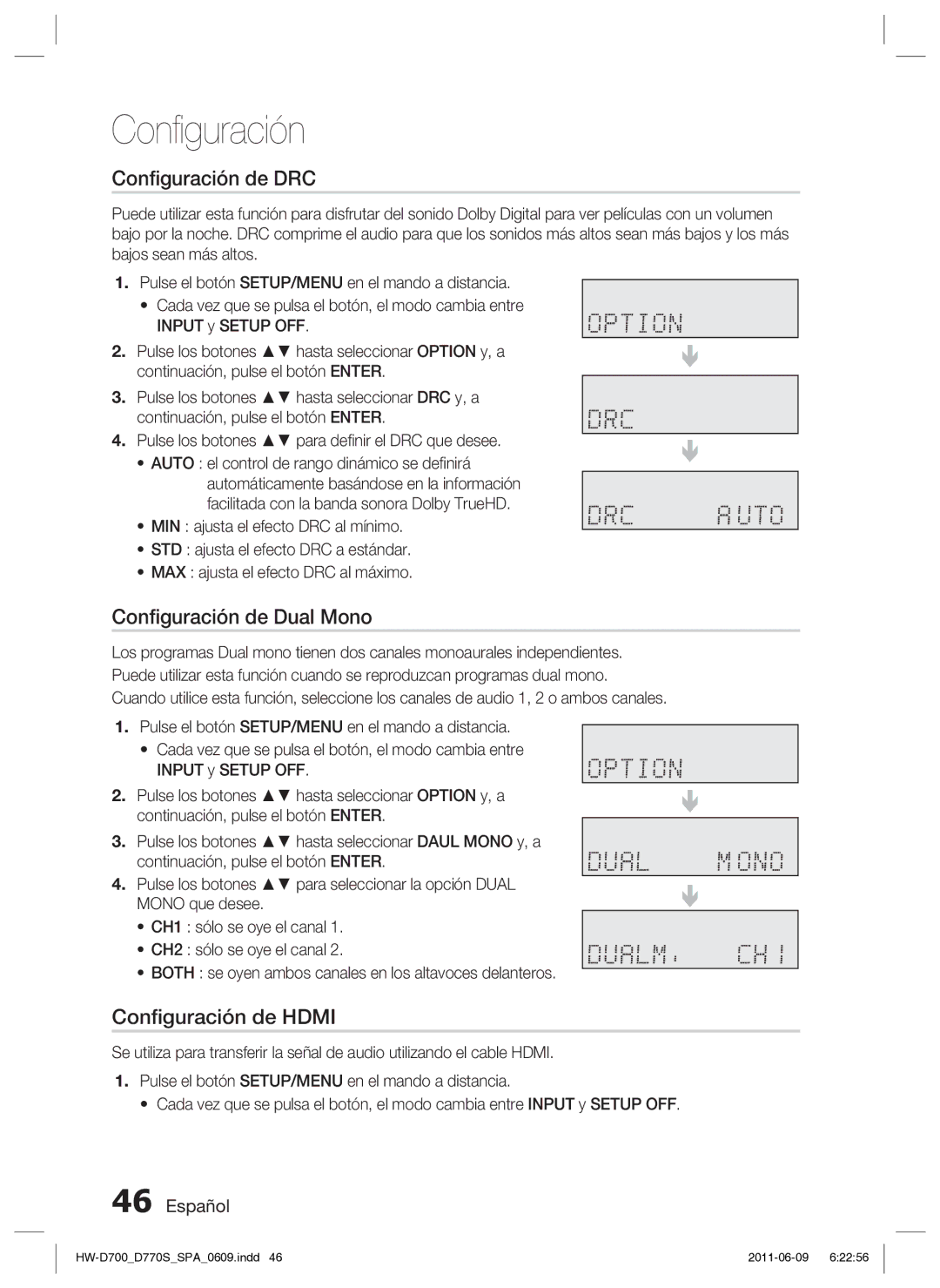 Samsung HW-D700/EN manual Conﬁguración de DRC, Conﬁguración de Dual Mono, Conﬁguración de Hdmi 