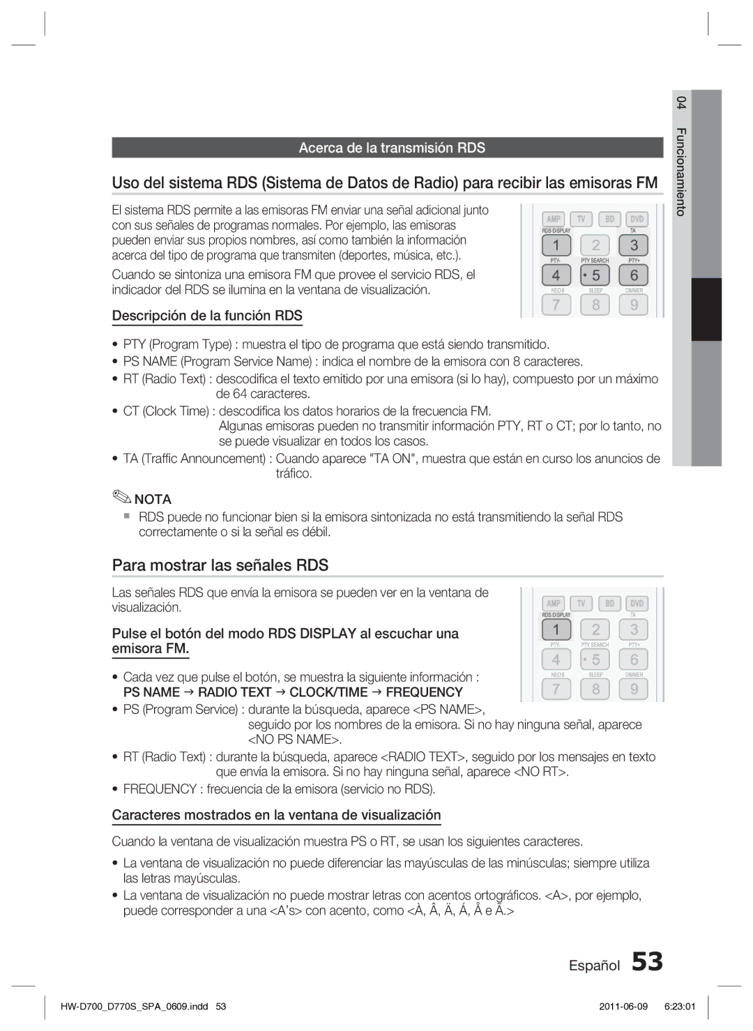 Samsung HW-D700/EN manual Para mostrar las señales RDS, Acerca de la transmisión RDS 