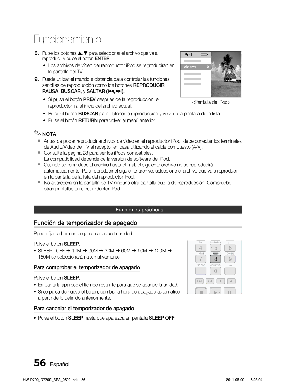 Samsung HW-D700/EN Función de temporizador de apagado, Funciones prácticas, Reproductor irá al inicio del archivo actual 