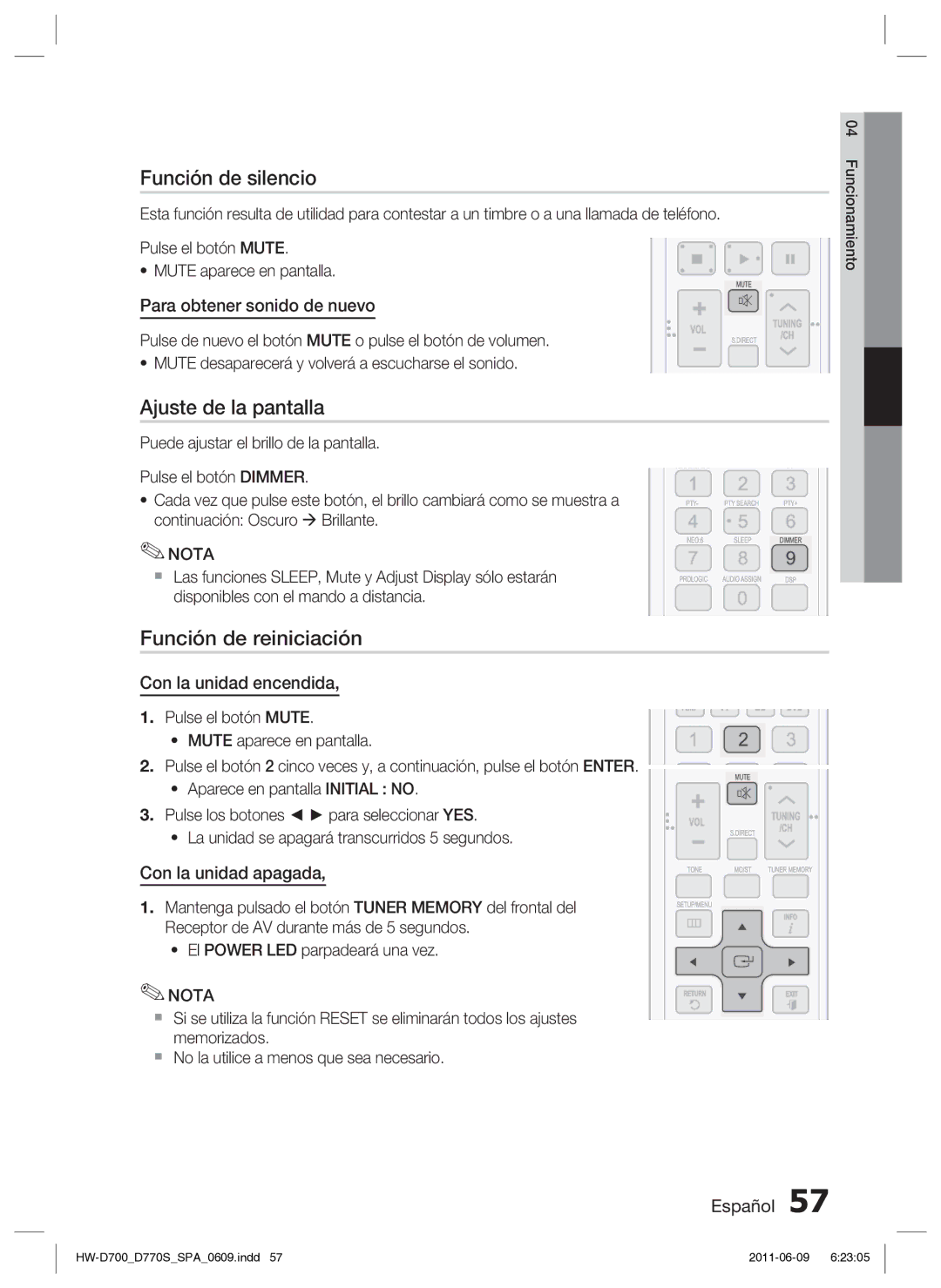 Samsung HW-D700/EN manual Función de silencio, Ajuste de la pantalla, Función de reiniciación 