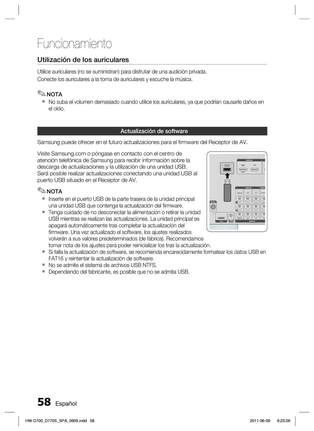 Samsung HW-D700/EN manual Utilización de los auriculares, Actualización de software 