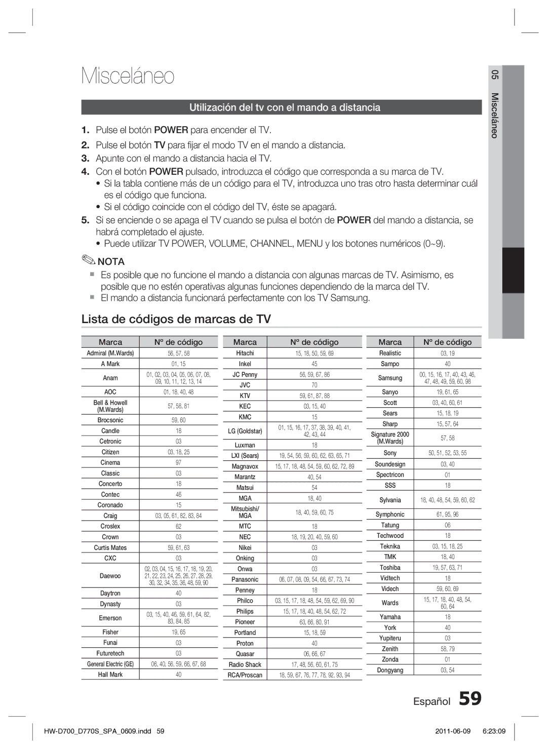 Samsung HW-D700/EN manual Misceláneo, Lista de códigos de marcas de TV, Utilización del tv con el mando a distancia 