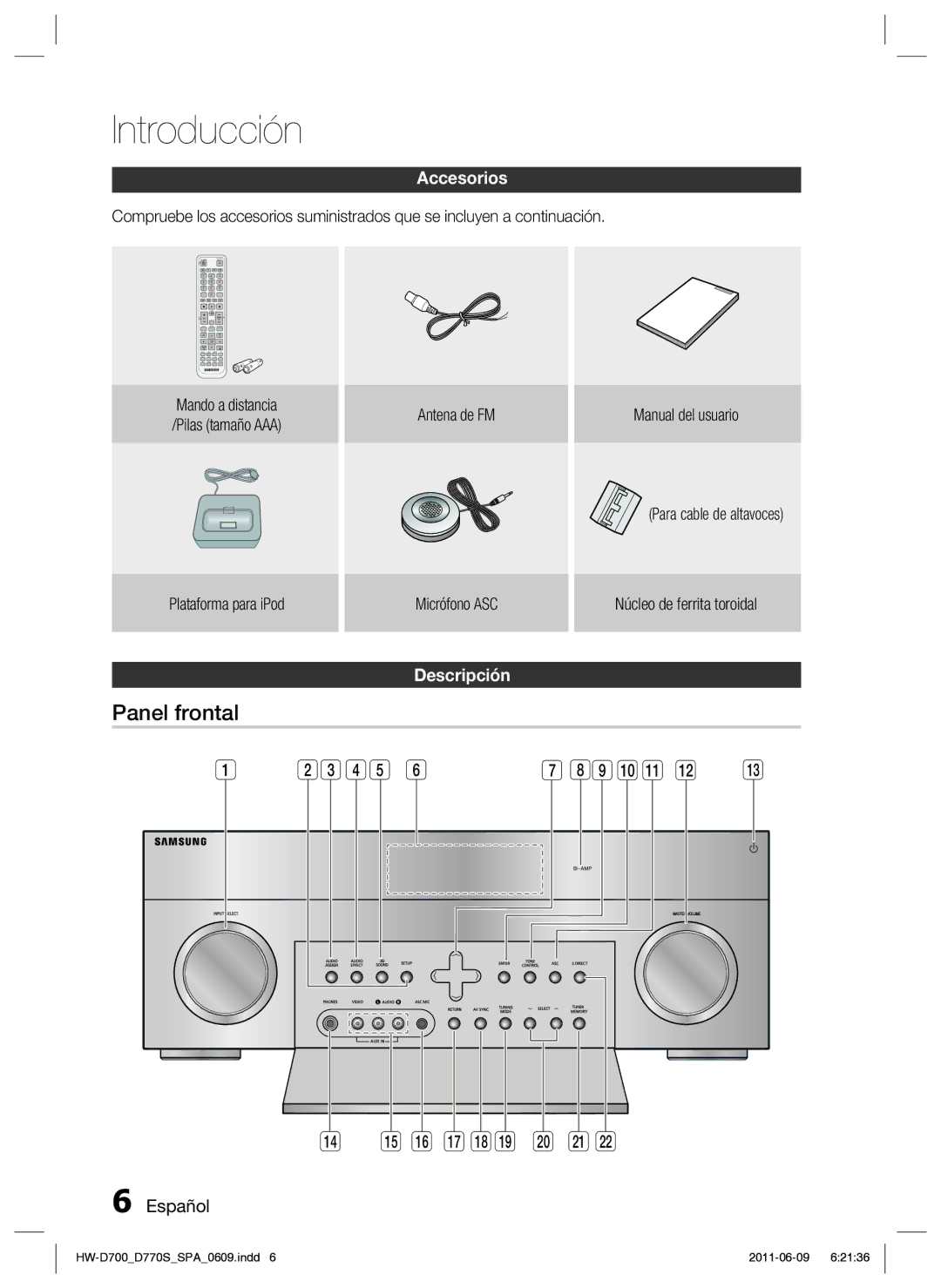 Samsung HW-D700/EN manual Introducción, Accesorios 