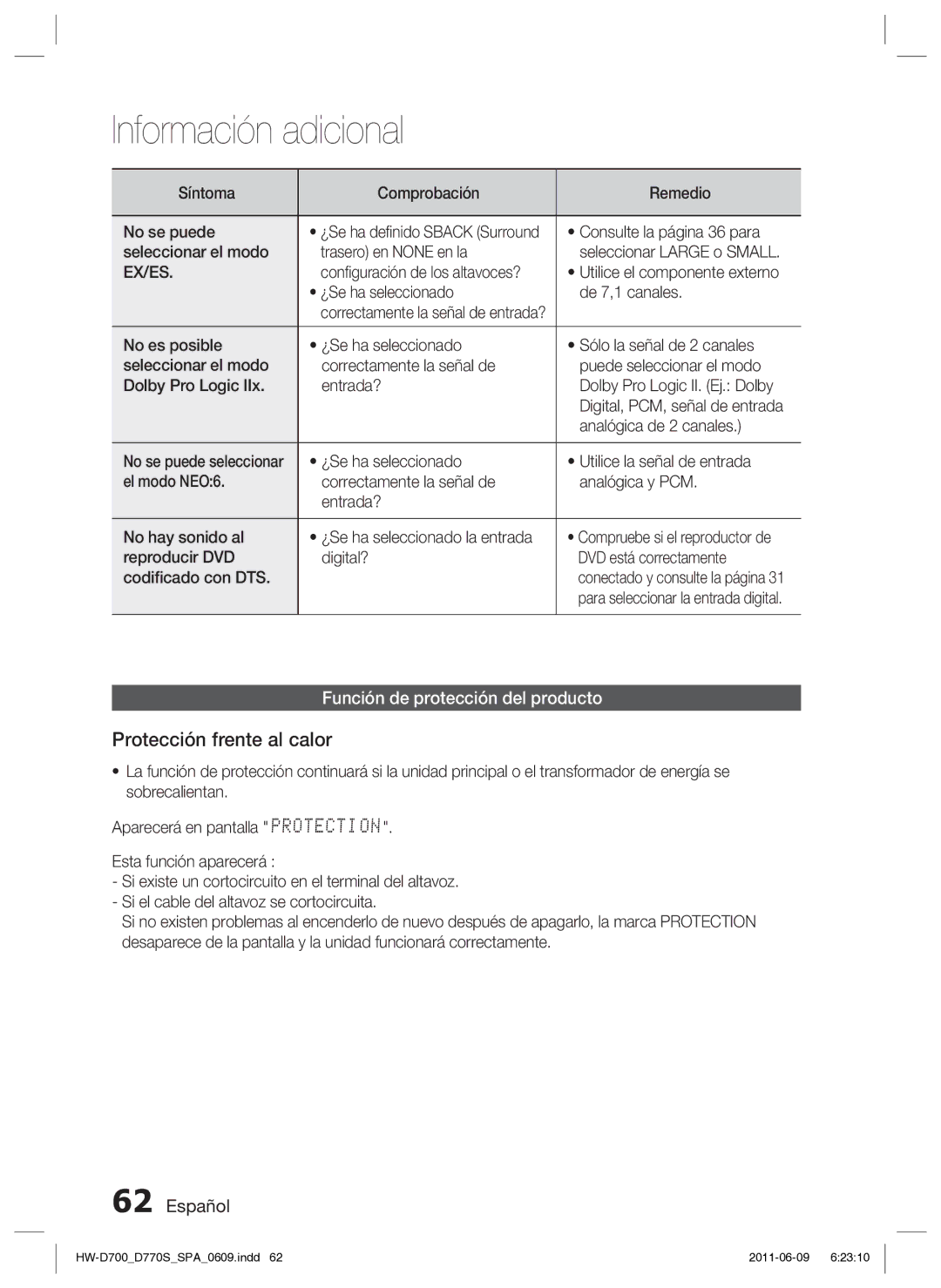 Samsung HW-D700/EN manual Protección frente al calor, Función de protección del producto, Ex/Es 