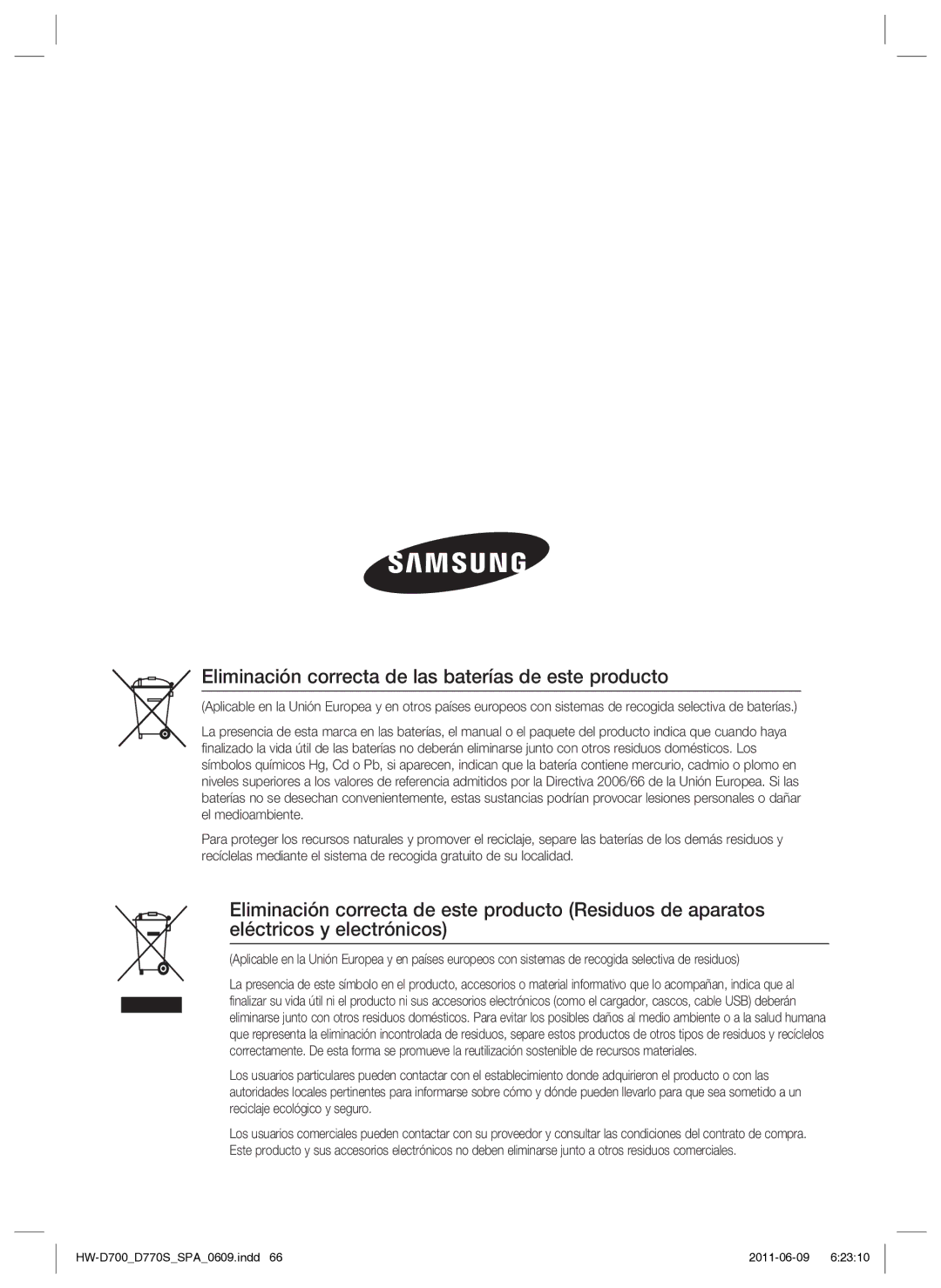 Samsung HW-D700/EN manual Eliminación correcta de las baterías de este producto 