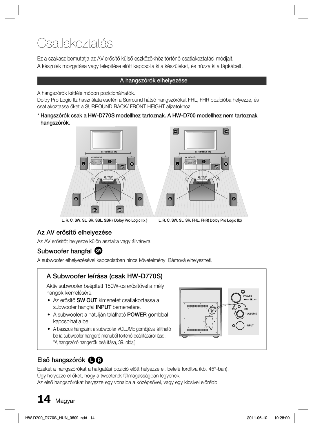 Samsung HW-D700/EN manual Csatlakoztatás, Az AV erősítő elhelyezése, Subwoofer hangfal g, Subwoofer leírása csak HW-D770S 