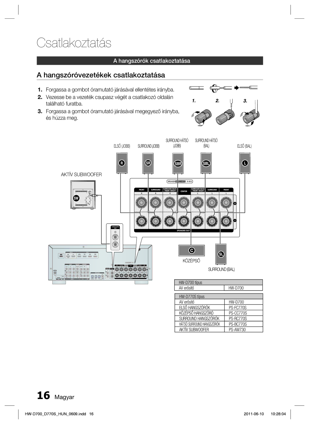 Samsung HW-D700/EN manual Hangszóróvezetékek csatlakoztatása, Hangszórók csatlakoztatása 