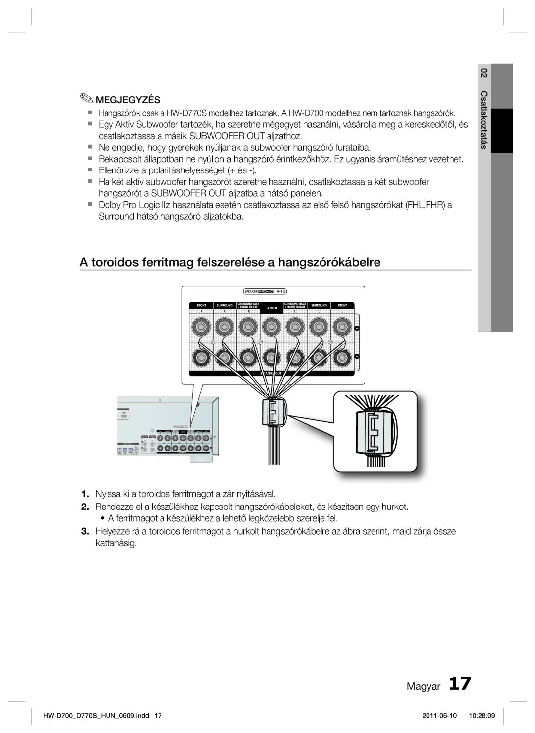 Samsung HW-D700/EN manual Toroidos ferritmag felszerelése a hangszórókábelre 