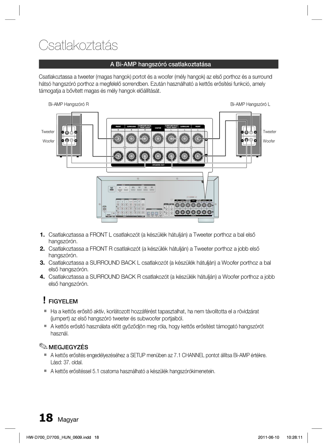 Samsung HW-D700/EN manual Bi-AMP hangszóró csatlakoztatása, Figyelem 