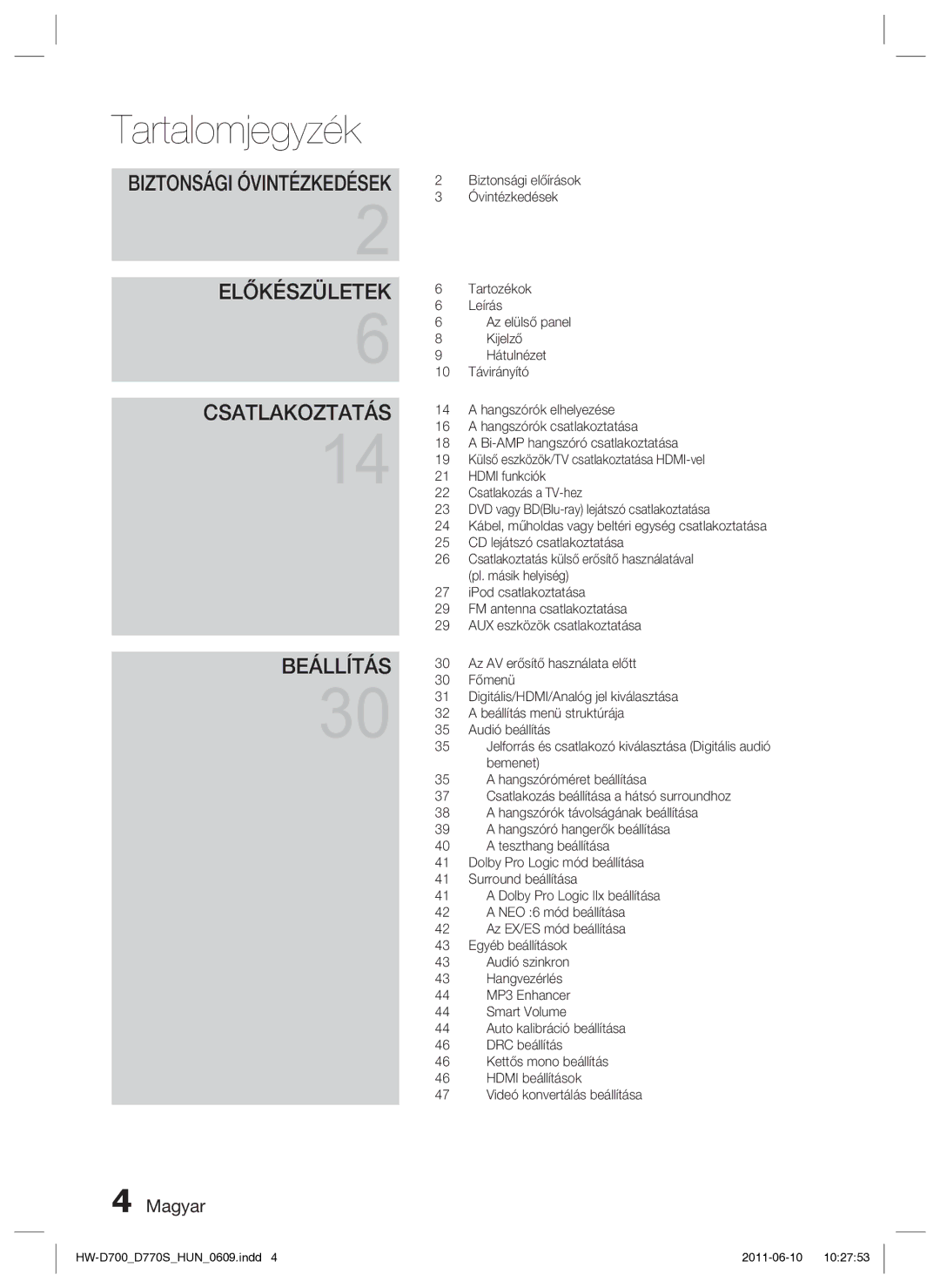 Samsung HW-D700/EN manual Tartalomjegyzék, Előkészületek 