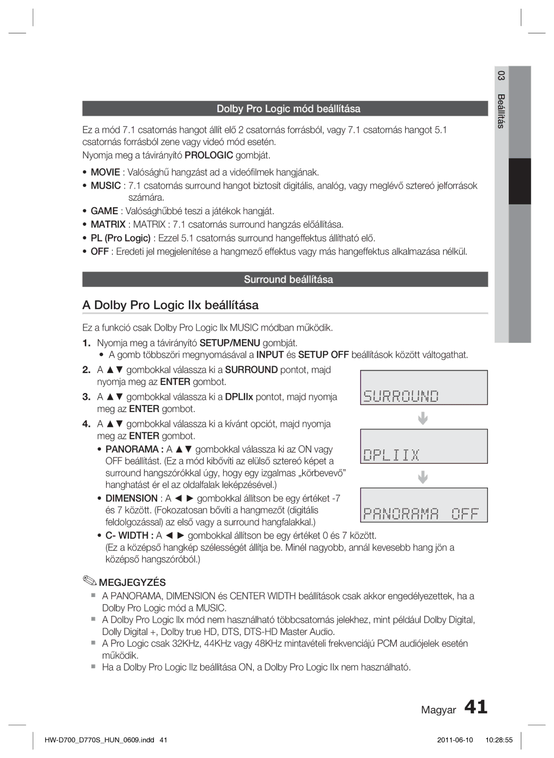 Samsung HW-D700/EN manual Dolby Pro Logic IIx beállítása, Dolby Pro Logic mód beállítása, Surround beállítása 