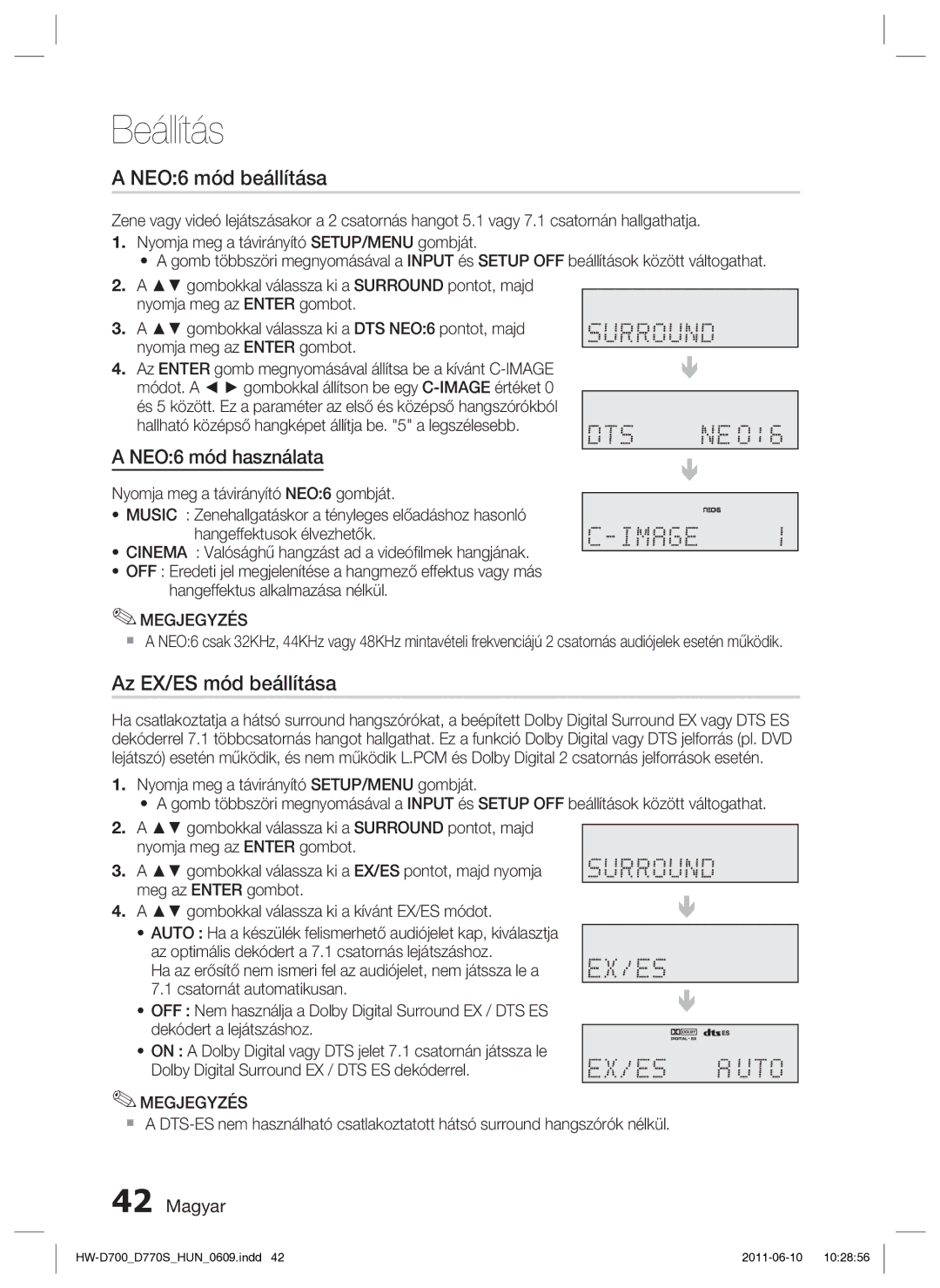 Samsung HW-D700/EN manual NEO6 mód beállítása, Az EX/ES mód beállítása, NEO6 mód használata 