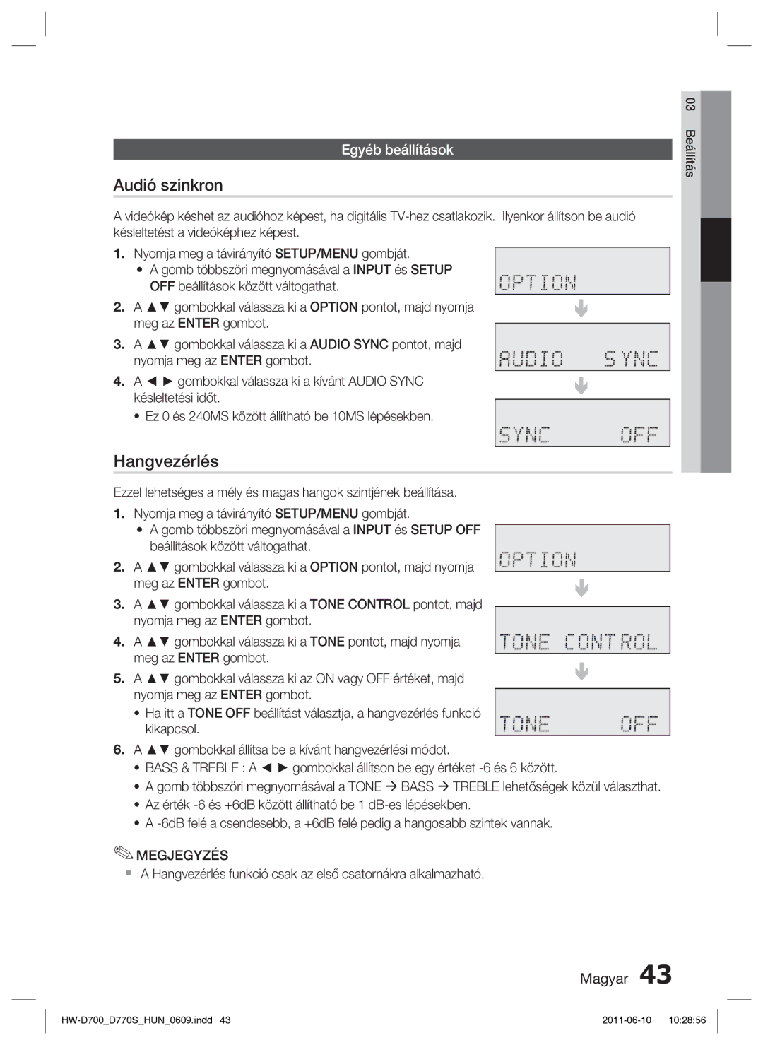 Samsung HW-D700/EN manual Audió szinkron, Hangvezérlés, Egyéb beállítások 