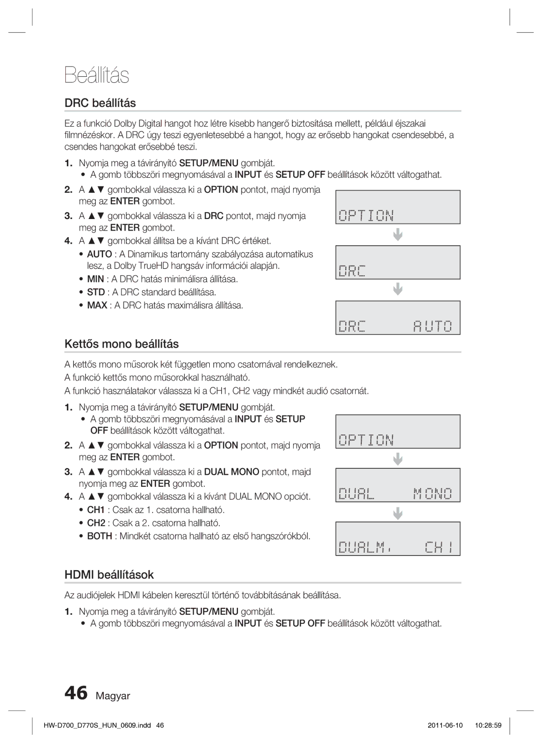 Samsung HW-D700/EN manual DRC beállítás, Kettős mono beállítás, Hdmi beállítások 