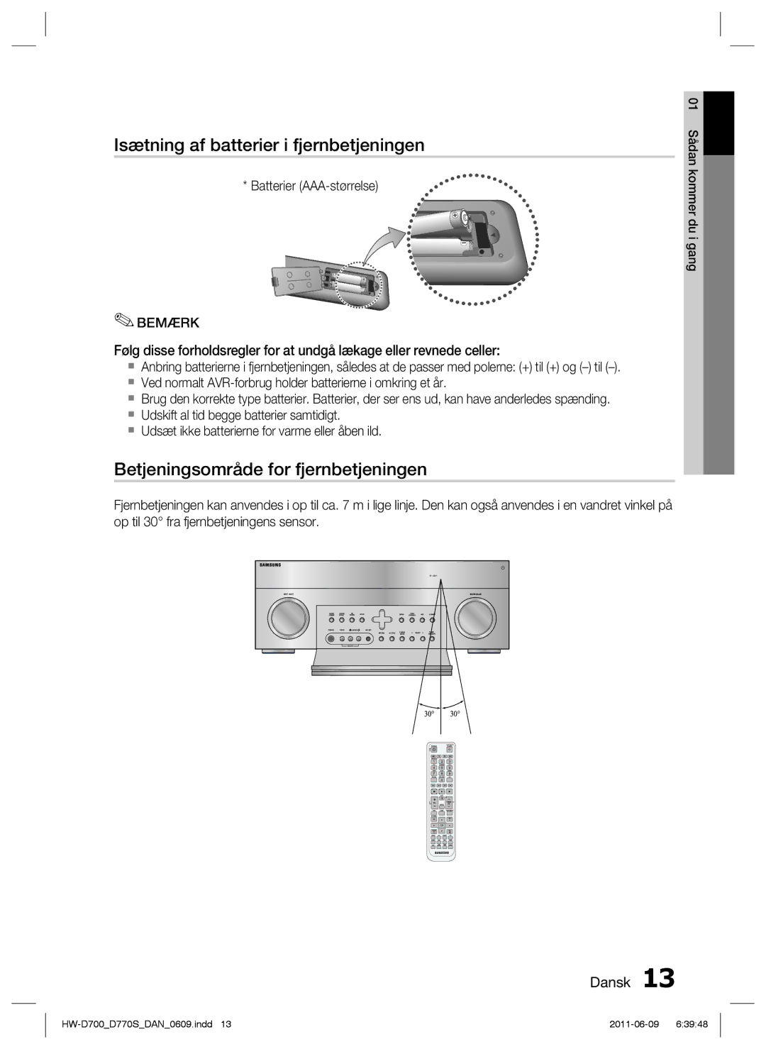 Samsung HW-D700/XE manual Isætning af batterier i fjernbetjeningen, Bemærk 