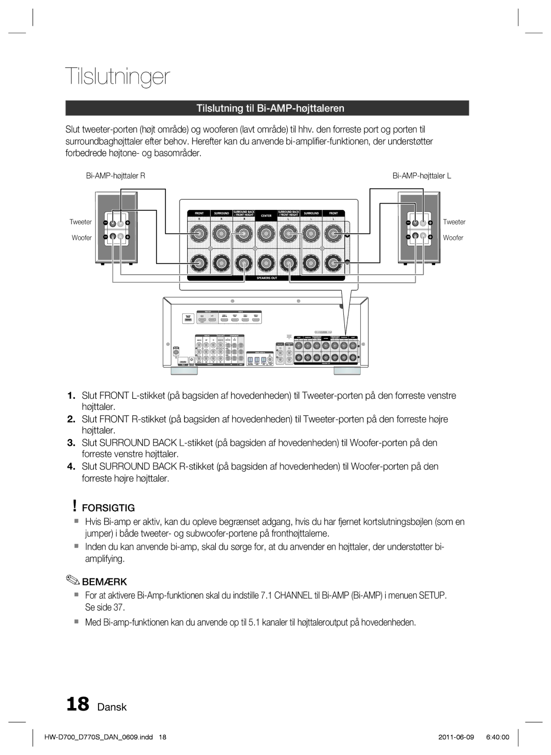 Samsung HW-D700/XE manual Tilslutning til Bi-AMP-højttaleren, Forsigtig 