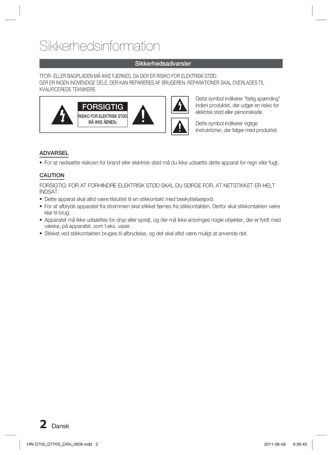 Samsung HW-D700/XE manual Sikkerhedsinformation, Sikkerhedsadvarsler 