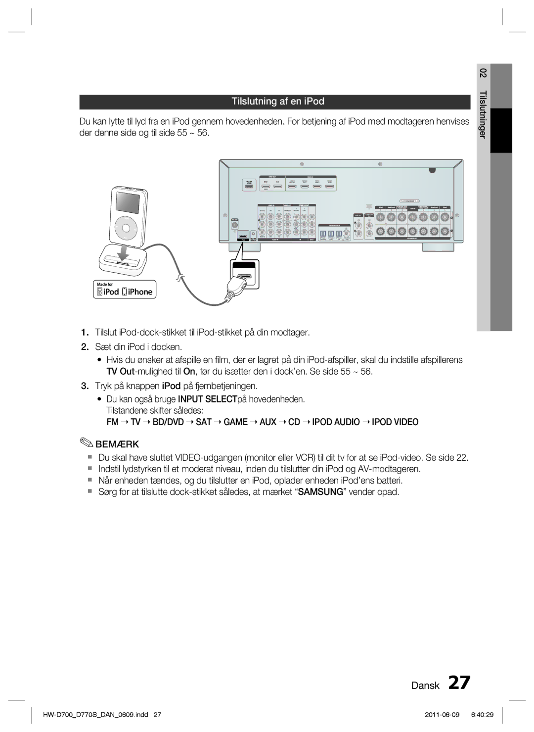 Samsung HW-D700/XE manual Tilslutning af en iPod, FM TV BD/DVD SAT Game AUX CD Ipod Audio Ipod Video Bemærk 