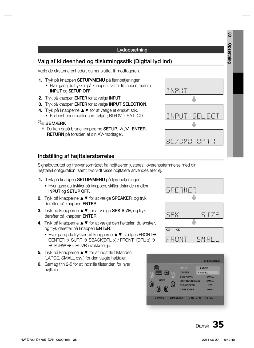 Samsung HW-D700/XE Valg af kildeenhed og tilslutningsstik Digital lyd ind, Indstilling af højttalerstørrelse, Lydopsætning 