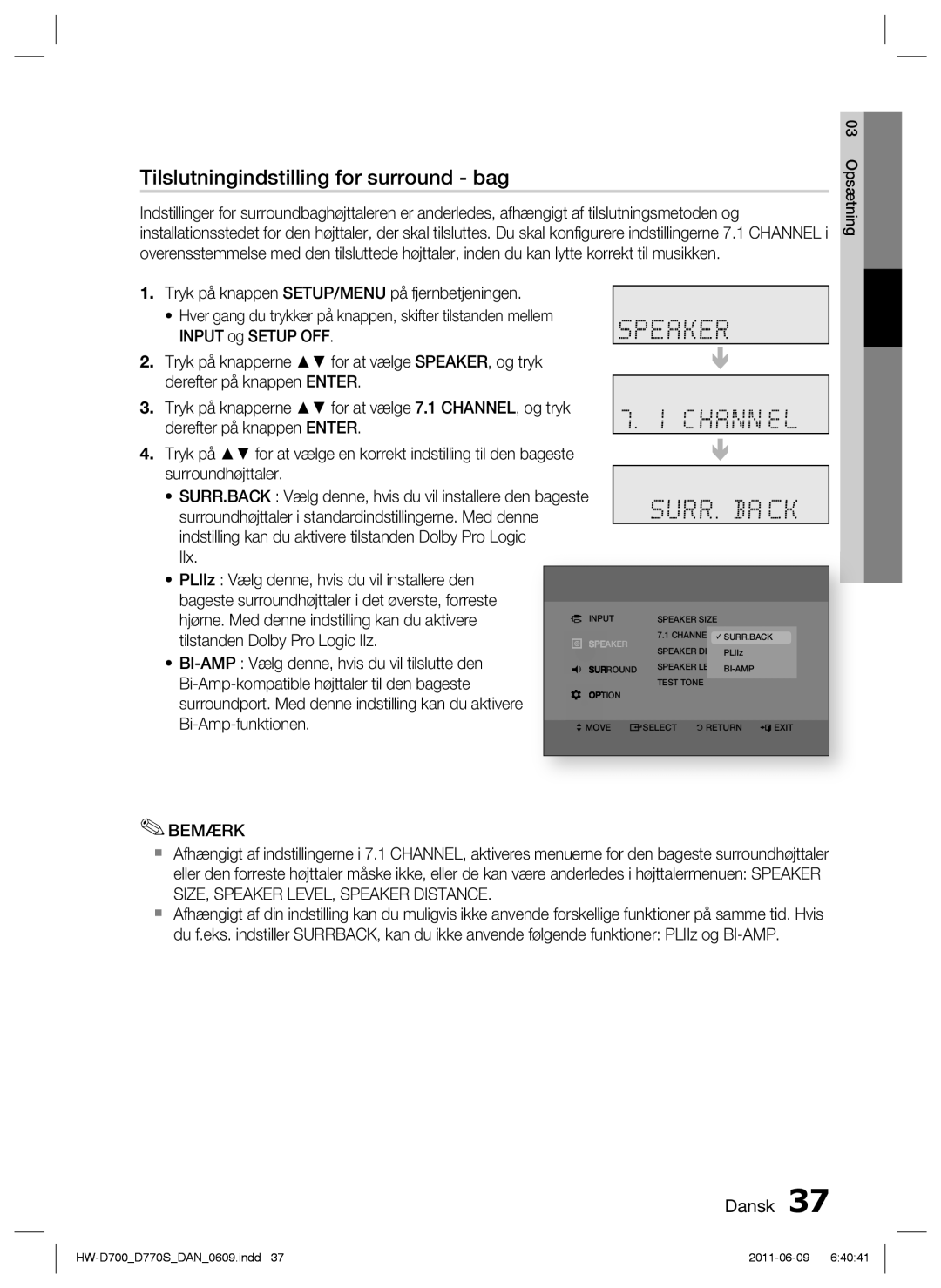 Samsung HW-D700/XE manual Tilslutningindstilling for surround bag, Speaker 