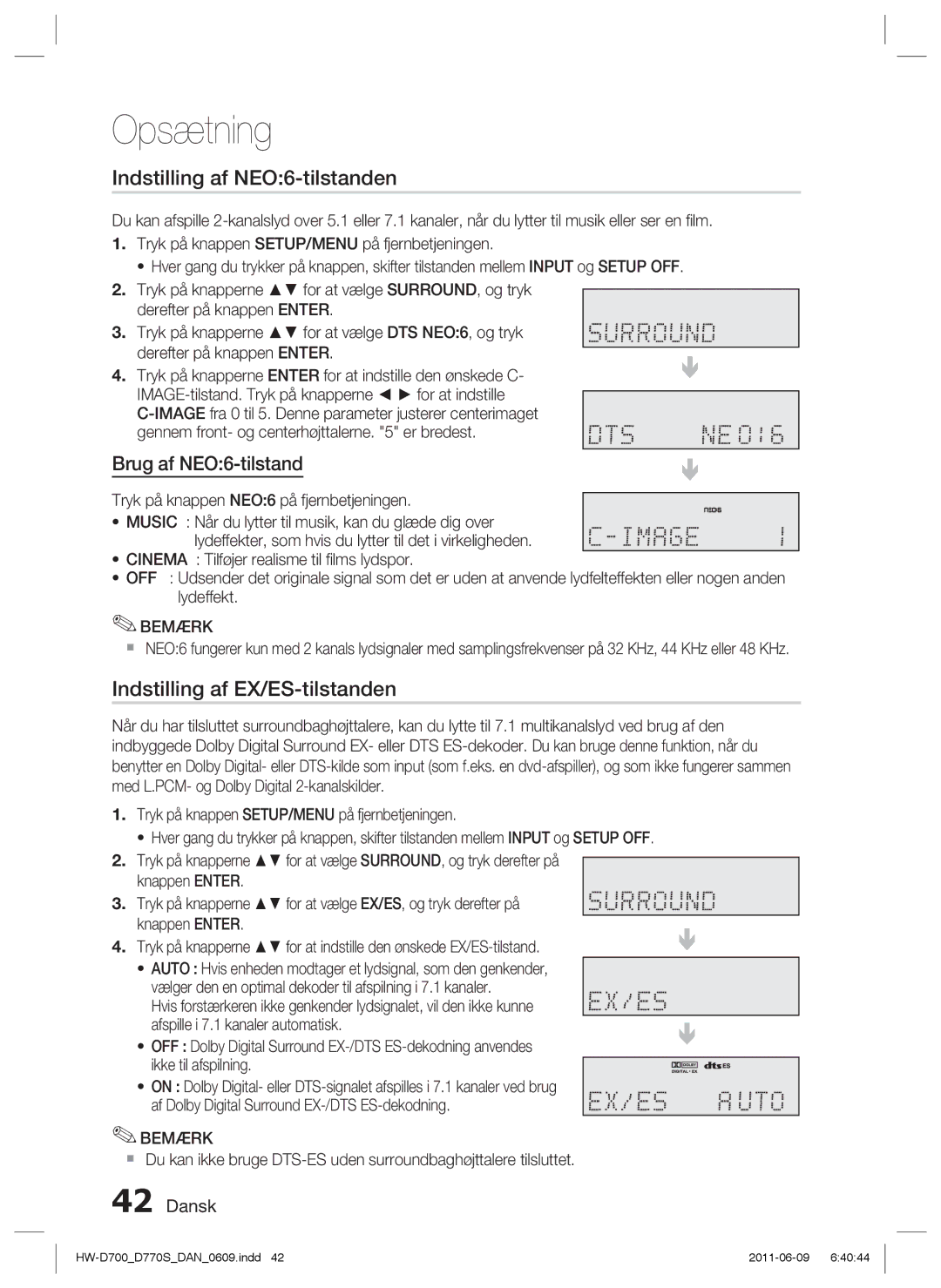 Samsung HW-D700/XE manual Indstilling af NEO6-tilstanden, Indstilling af EX/ES-tilstanden, Brug af NEO6-tilstand 